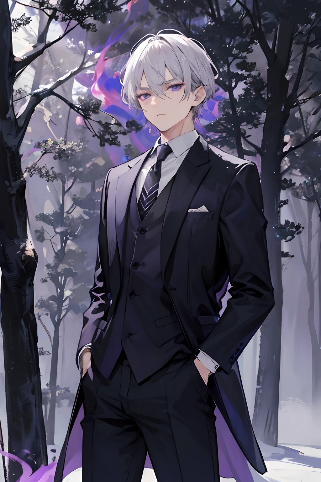A man, gray hair and purple eyes, hairstylist, suit, forest, fire, night, hand in pocket, badass, cool, potrait, mascular