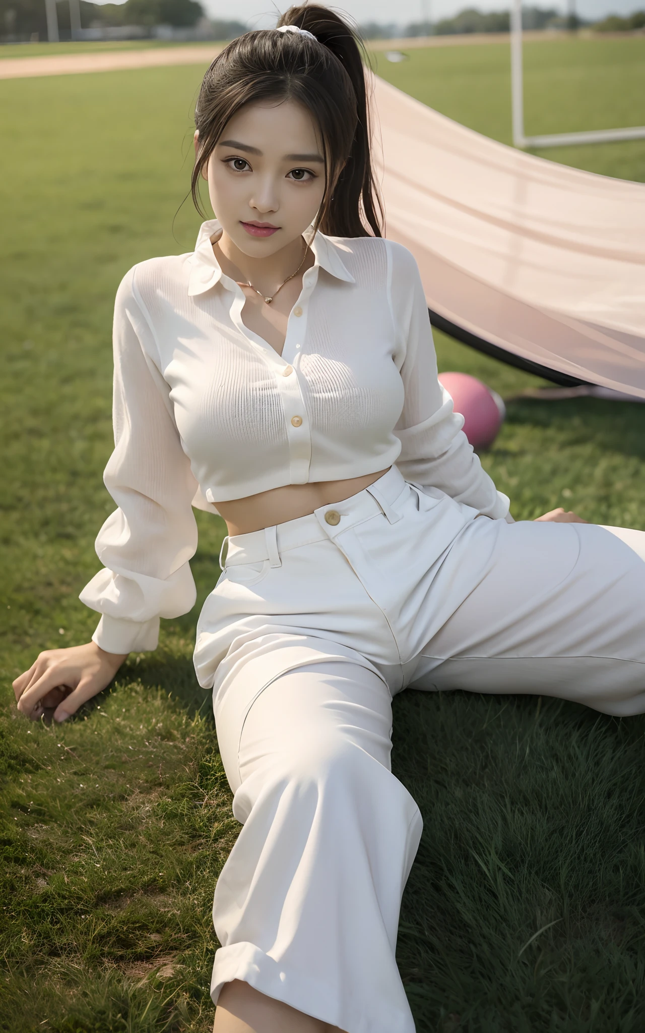 1 very beautiful female high school student,Wear one(((Pink glossy button-down shirt and low-rise white loose wide-leg pants)))(((White sheer wide-leg pants,cargo pants))),(detailed outfits:1.5),Play with the ball on the grass of the football field,(On the grass:1.02),Super high value,perfect body figure,Beautiful short ponytail,Delicate hair,Fair face and skin,Beads of sweat on the forehead,Have fun on the playground,Smile sweetly,(((The chest is huge))),Breasts are full and straight:1.5,(The clothes on the chest are high and bulging, Tightness and bulging:1.5),The legs are rounded and well-proportioned and slender,Delicate fair and soft toes,White and delicate fingers,(Delicate sneakers:1.5),Focus on the chest,fully body photo