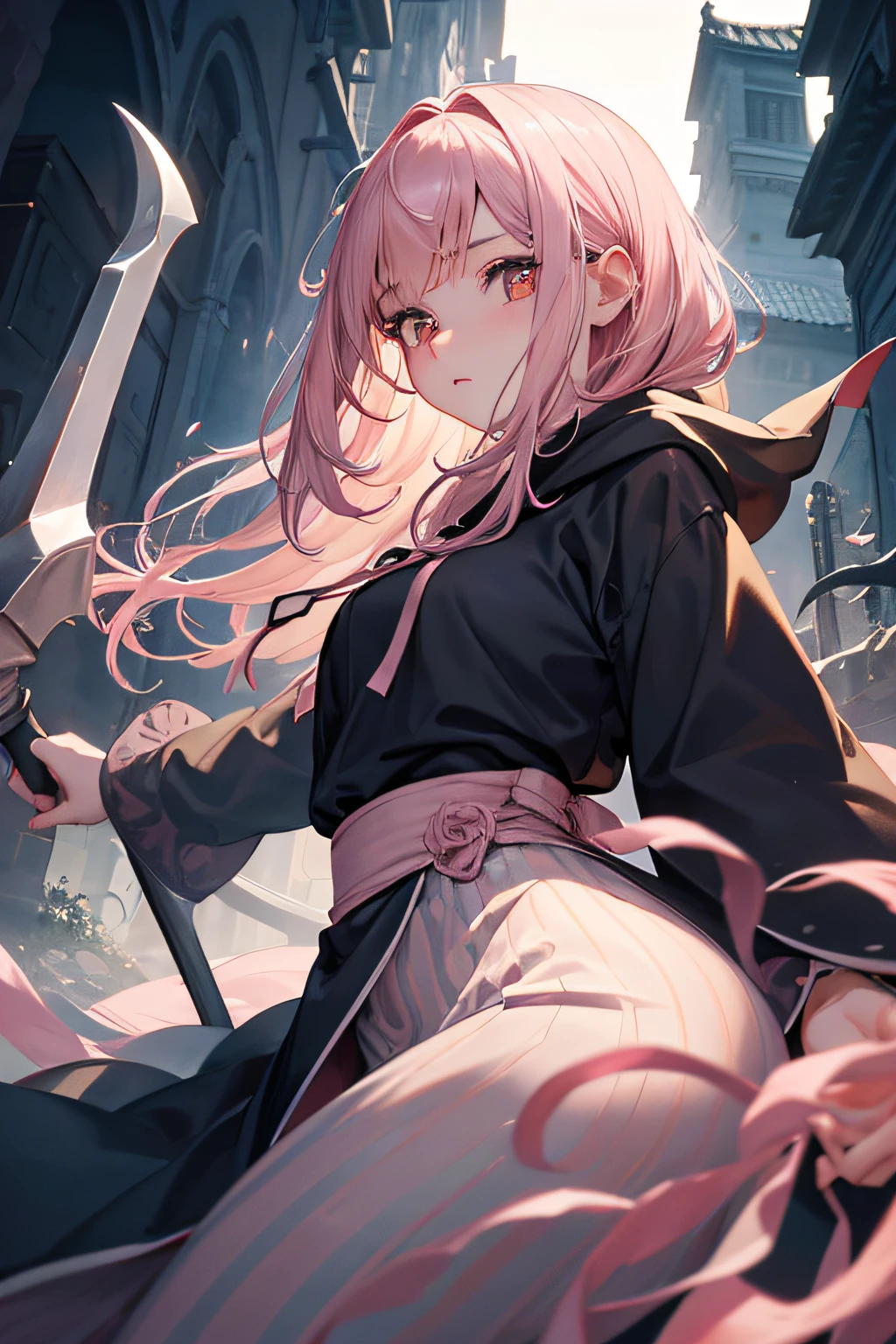 With a girl in a cute hood wrapped in thick fog、Female Grim Reaper Protecting a Girl from Behind,Wielding a scythe,Emerge from the swirling shadows.Stand in the Cemetery of Forgotten Souls.(Light brown and light pink striped hair:1.3,),Perfect face,Proper body proportion,masutepiece,Super high-quality output images,超A high resolution,Intricate details,Very delicate and beautiful hair,photographrealistic,Dreamy,Professional Lighting,realistic shadow,Solo Focus,Beautiful hands,Beautiful fingers,Detailed finger features,detailed clothes features,Detailed hair features,detailed facial features,(Ghibli style:1.3)