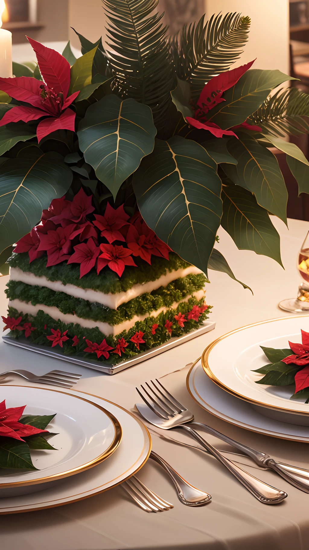 **Generate a festive table setting with a centerpiece of poinsettias and holiday-themed dishes** - Image #1 --auto --s2