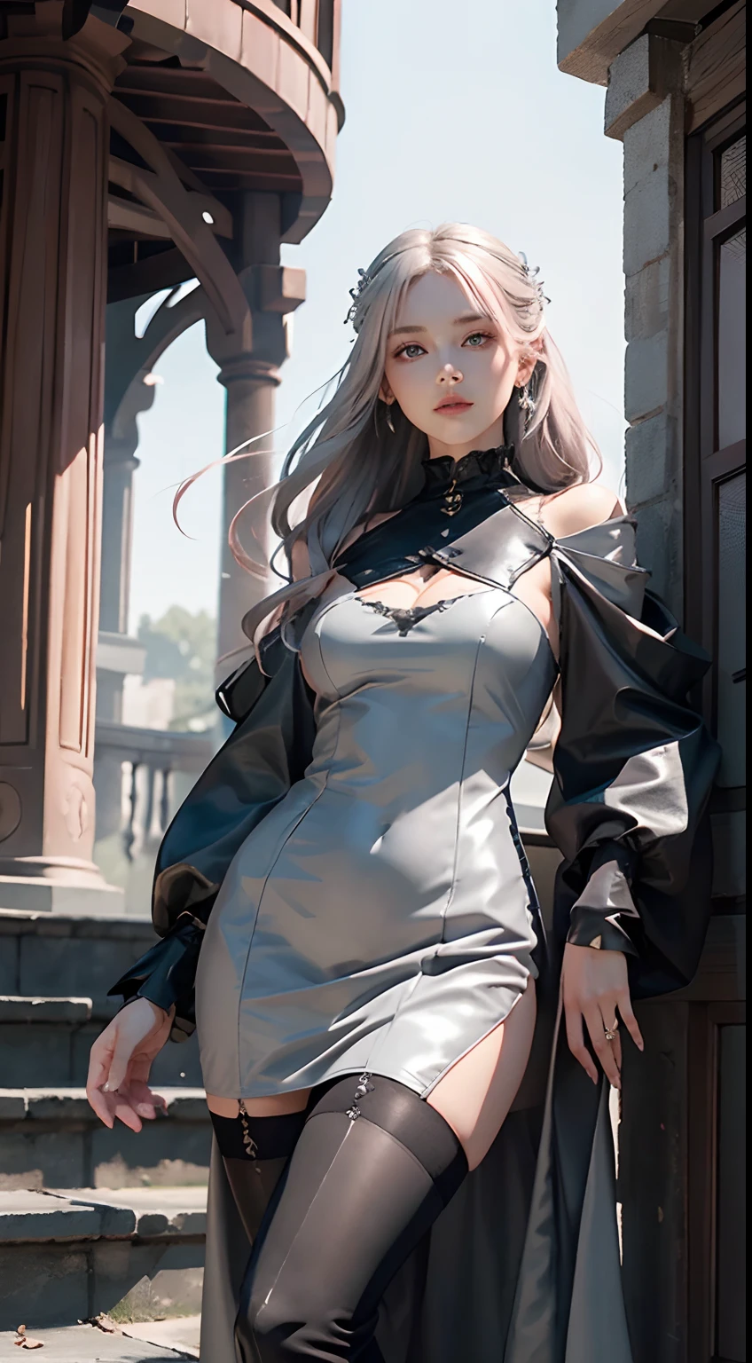 Light white hair, ocean eyes, black dress futuristic whit detailsdetails in white, vivid colors, paint splash, simple background, ray tracing, wavy hair with Chinese bangs, fingerless gloves, black leg warmers