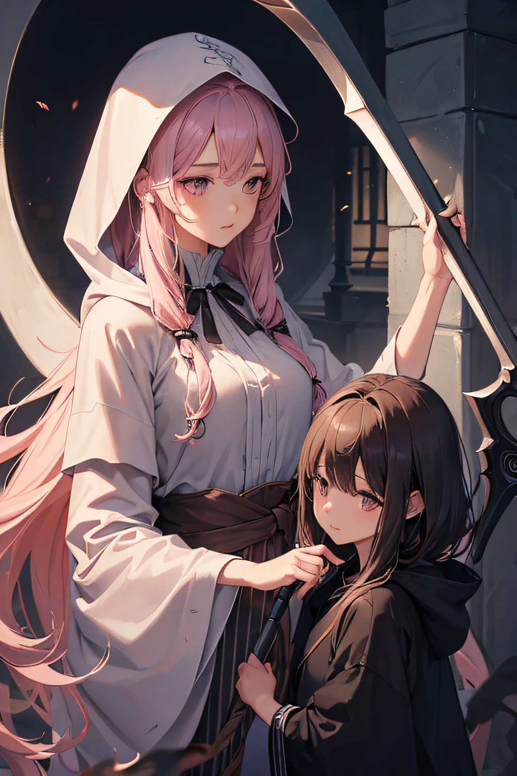 With a girl in a cute hood wrapped in thick fog、Female Grim Reaper Protecting a Girl from Behind,Wielding a scythe,Emerge from the swirling shadows.Stand in the Cemetery of Forgotten Souls.(Light brown and light pink striped hair:1.3,),Perfect face,Proper body proportion,masutepiece,Super high-quality output images,超A high resolution,Intricate details,Very delicate and beautiful hair,photographrealistic,Dreamy,Professional Lighting,realistic shadow,Solo Focus,Beautiful hands,Beautiful fingers,Detailed finger features,detailed clothes features,Detailed hair features,detailed facial features,(Ghibli style:1.3)
