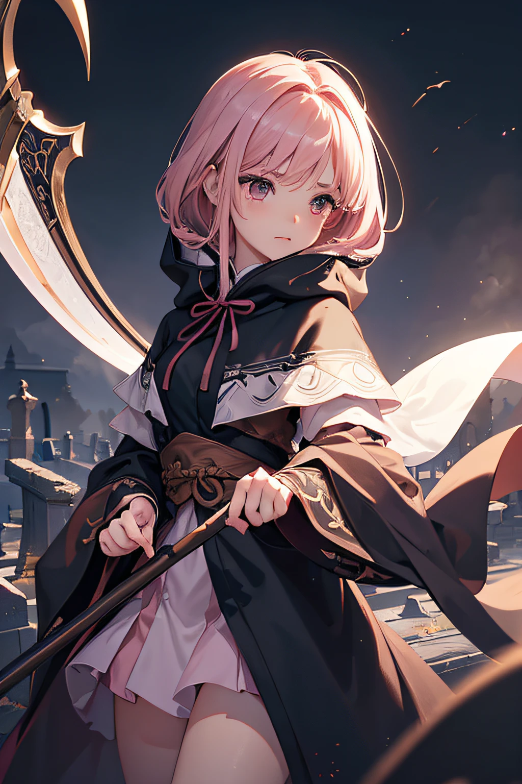With a girl in a cute hood wrapped in thick fog、Female Grim Reaper Protecting a Girl from Behind,Wielding a scythe,Emerge from the swirling shadows.Stand in the Cemetery of Forgotten Souls.(Light brown and light pink striped hair:1.3,),Perfect face,Proper body proportion,masutepiece,Super high-quality output images,超A high resolution,Intricate details,Very delicate and beautiful hair,photographrealistic,Dreamy,Professional Lighting,realistic shadow,Solo Focus,Beautiful hands,Beautiful fingers,Detailed finger features,detailed clothes features,Detailed hair features,detailed facial features,(Ghibli style:1.3)
