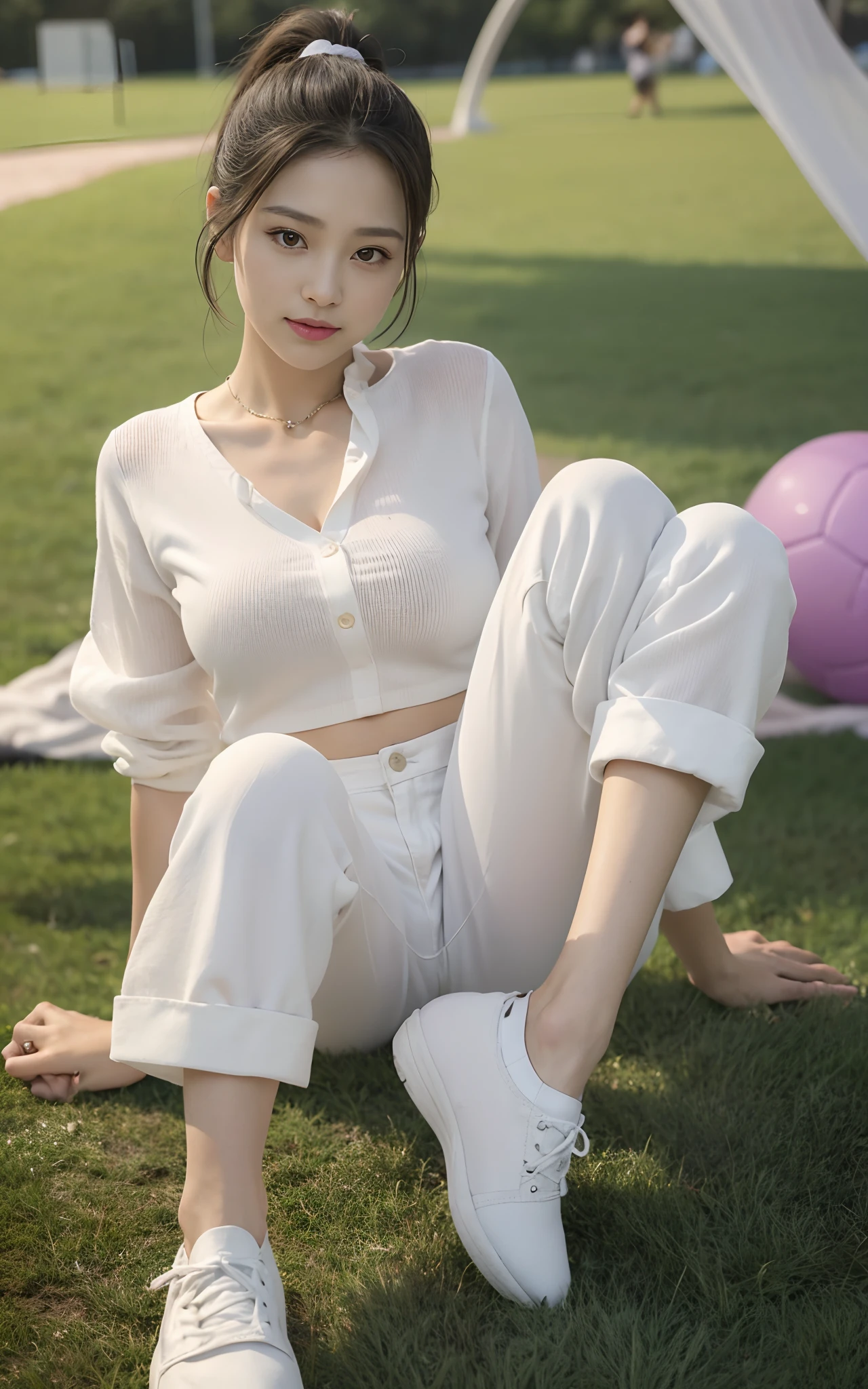 1 very beautiful female high school student，Wear one（（（Pink glossy button-down shirt and low-rise white loose wide-leg pants）））（（（White sheer wide-leg pants，cargo pants））），（detailed outfits:1.5），Play with the ball on the grass of the football field，（On the grass:1.02），Super high value，perfect body figure，Beautiful short ponytail，Delicate hair，Fair face and skin，Beads of sweat on the forehead，Have fun on the playground，Smile sweetly，（（（The chest is huge））），Breasts are full and straight:1.5，（The clothes on the chest are high and bulging, Tightness and bulging:1.5），The legs are rounded and well-proportioned and slender，Delicate fair and soft toes，White and delicate fingers，（Delicate sneakers:1.5），Focus on the chest，fully body photo