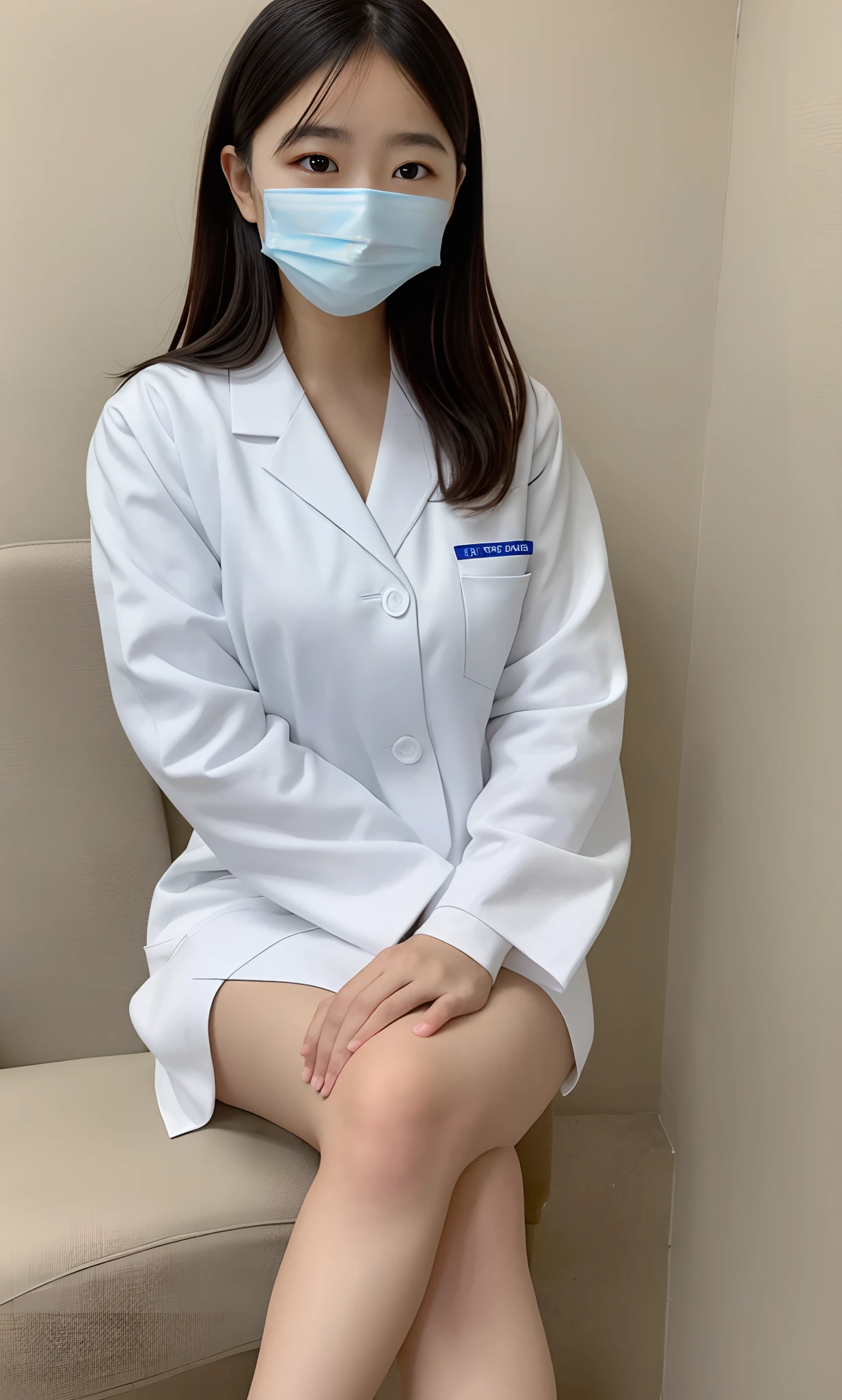 Woman in white frosted suit wearing mask sitting on bench, wearing white nurse uniform, healthcare worker, Wear a nurse's uniform in the hospital, Sit tight, Sit in the waiting room,  Portrait of a nurse on a stool, Beautiful nurse， resting after a hard mission, BREAK BREAK BREAK, woman is sitting, doctor, resting after a hard fight，messy shortt hair，Barefoot