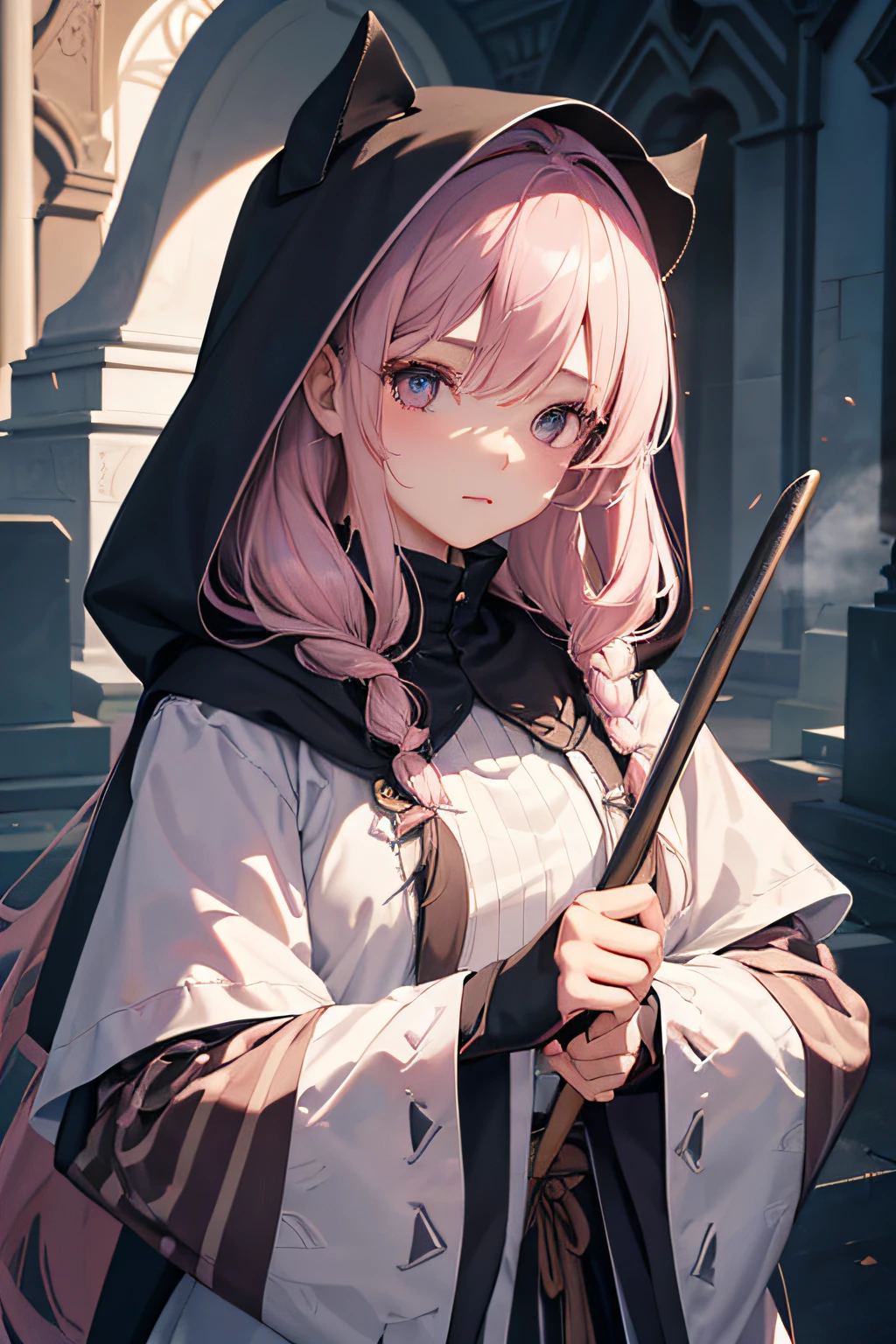 With a girl in a cute hood wrapped in thick fog、Female Grim Reaper Protecting a Girl from Behind,Wielding a scythe,Emerge from the swirling shadows.Stand in the Cemetery of Forgotten Souls.(Light brown and light pink striped hair:1.3,),Perfect face,Proper body proportion,masutepiece,Super high-quality output images,超A high resolution,Intricate details,Very delicate and beautiful hair,photographrealistic,Dreamy,Professional Lighting,realistic shadow,Solo Focus,Beautiful hands,Beautiful fingers,Detailed finger features,detailed clothes features,Detailed hair features,detailed facial features,(Ghibli style:1.3)