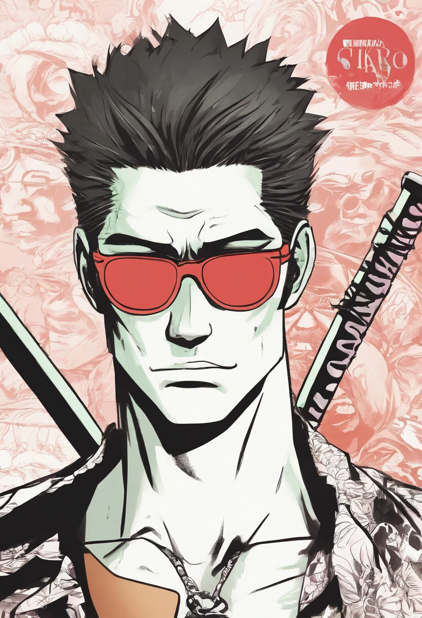 1 male, mature, angular chin, muscular, Medium Hair, black hair, Hair back, black glasses, cigarette in your mouth, tattoos on the chest, black blazer, Yakuza, Katana in hand, Night city Japan in the background