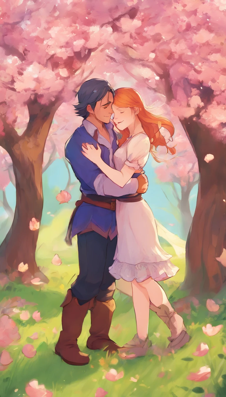 A guy hugs a girl in a blooming apple orchard