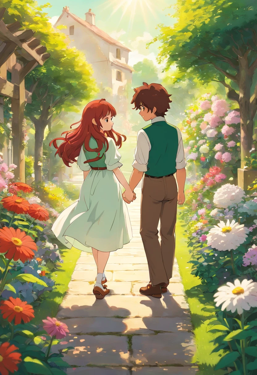 a couple holding hands on a garden, 1girl, long curly redhair, white skin, green cute dress, 1boy, brown skin, cute mustache, black short hair, nice outfit, sunlight, beautiful day, fulll of flowers, epic, good image