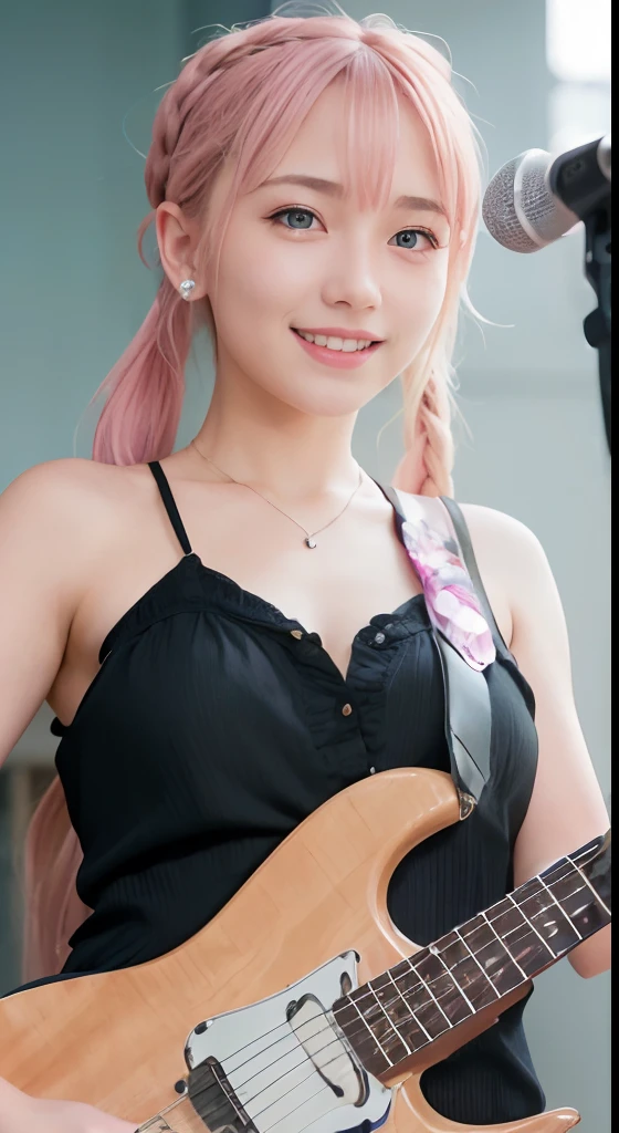 (ultra-detailliert), high-school uniform、Blue eyes,The upper part of the body、a closeup、faces、(A smile:1.5),(facing front:1.2),(masutepiece:1.3, Best Quality, Photorealistic, Ultra-detailed, Finely detailed, High resolution, 8K Wallpaper), 1 beautiful girl, Band Group Vocals, Singing a song on an electric guitar, Stand Microphone, Mouth open, Beautiful face, Detailed face, Beautiful eyes, Detailed eyes, Looks fun、Smiling, earrings, Necklace, Detailed guitar, (Straight guitar neck and 6 strings), Only 1 person,Pink Hair Medium Hair, (Pink hair), Ear Hair, small tits, Single braid, (Single braid), (Side braid),on a stage, Spotlight, Look at the viewer、small tits