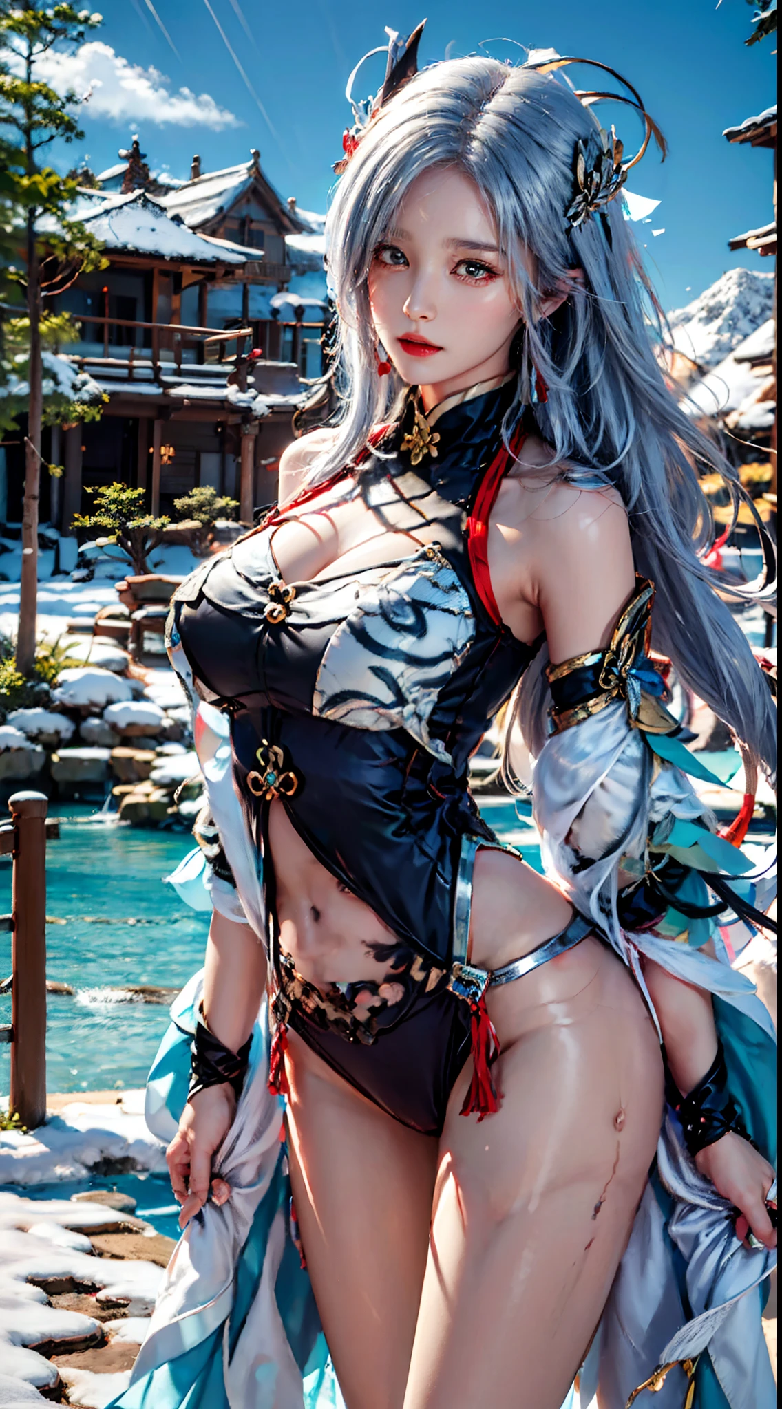 photorealistic, high resolution,masterpiece,best quality,ultra-detailed, 1women, hips up, long hair,hair_ornament,hair_between_eyes, long_hair, (silver_hair:1.2),bangs, genshin impact, shenhe \(genshin impact\), Shenhe \(genshin impact\), snow field, mountains background, Shenhe