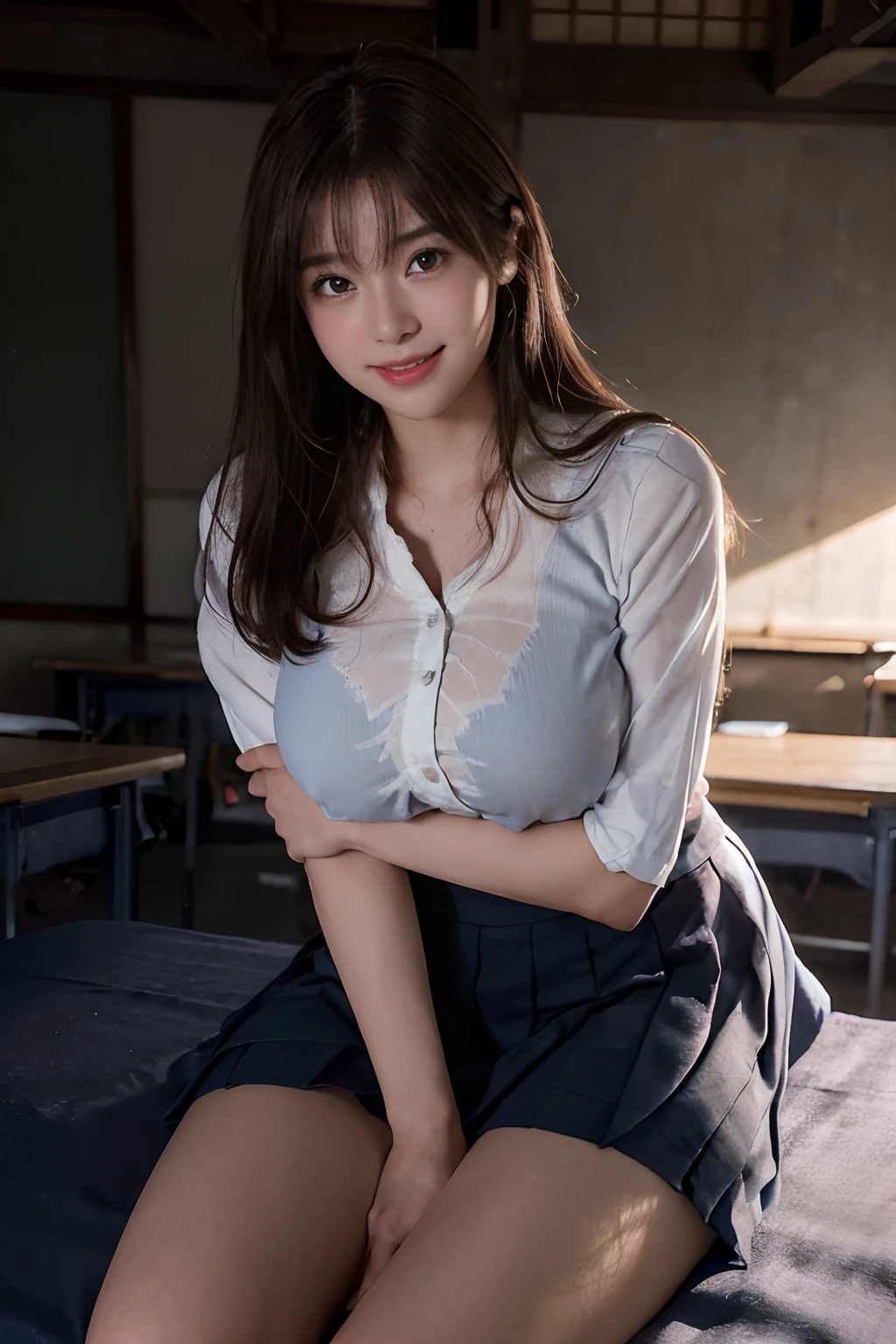 ((Beautiful girl in Japan:1.3)) ((School Uniforms:1.4)) ((pantyshot:1.5)) ((highschool)),((Dark blue skirt:1.3)) ((in class room:1.3)) ((Thin_fabric:1.4)) ((Random sexy poses:1.3)) ((full of sweat:1.5))((with a flushed face:1.4)) ((Big breasts:1.4)) ((close-up:1.2)) Best Quality,masutepiece,超A high resolution,(Photorealistic:1.4),Raw photo,(Authentic skin texture:1.3),(Film grain:1.3),the panorama,Character Portrait,Very Wide Shot,Narrow waist,Cowboy Shot,(In the Dark, deepshadow, lowkey, cold light,) Night,(()),Streaming Tears,,Dust,Tindall Effect,(expression),1girl in,beautiful detailed eyes and face,White Jabot,Brown eyes,((Brown hair:1.2)) ((Full body:1.3)) ((Smile:1.3))
