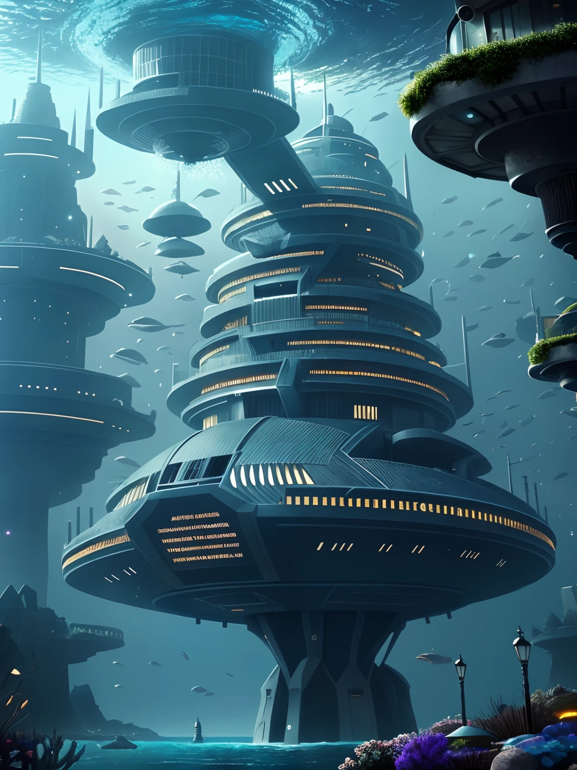 Futuristic city hidden under the sea, Undersea city, There are underwater boats passing through the city center，24th century，sci-fy，Futuristic，tmasterpiece，best qualtiy，high qulity，A high resolution，16k，primitive，超A high resolution，Hyper-detailing，finely detailled，Very fine and beautiful，The is very detailed，True shadows，