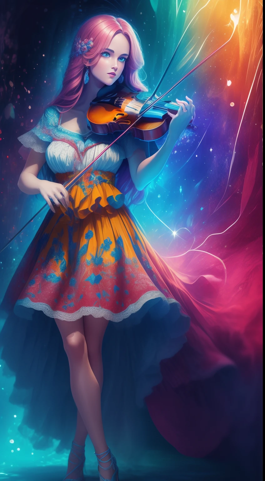 HDR ultra resolution 4k, 8k, 32K, 120k, beautiful fantasy art, con preciosos detalles intrincados, Beautiful woman the most beautiful, playing the violin, Colorful musical notes come out of the violin, notas musicales de colores al rededor, notas musicales en el aire, sonidos de colores en el Aire,  obra maestra ultra detallada muy colorida, Fantastic color palette,