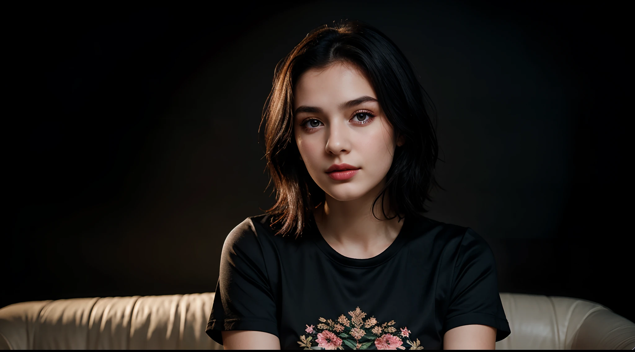 half body portrait of ung 20yo woman, black hair, wearing wonderful shirt, perfect eyes, perfect lips, perfect nose, professional color graded, wonderful woman, dark background, cute russian woman