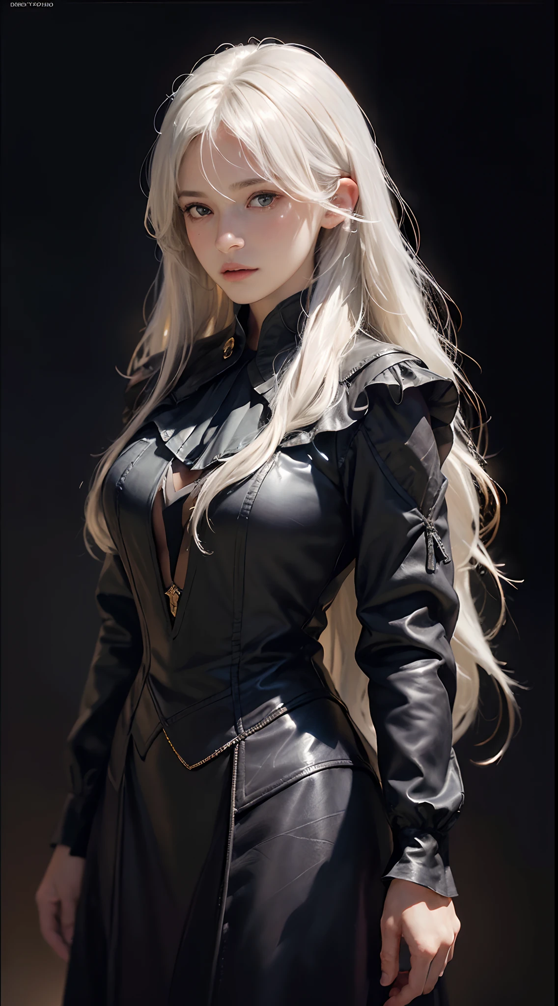 (front focus),(in the dark:1.6),
Hyperrealist portrait of female by david hockney and alphonse mucha,fantasy art, photo realistic, dynamic lighting, artstation, poster, volumetric lighting, very detailed faces, 4 k, award winning,, 1girl, in the dark, deep shadow, low key,cowboy shot,(official clothing:1.4) ,long hair,white hair,