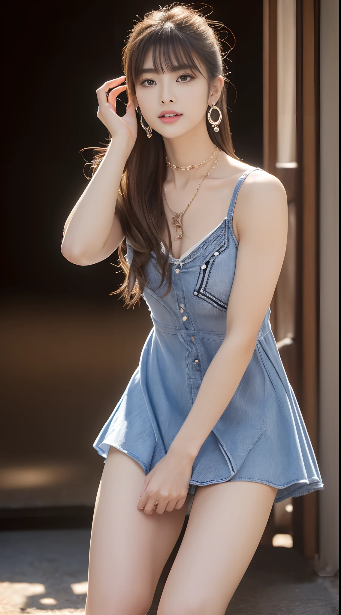 ulzzang -6500-v1.1, (Raw photo:1.2), (Photorealsitic), huge filesize, hight resolution, ighly detailed, top-quality, (masterpiece:1.6),(Hyper-realistic: 1.4), ighly detailed, nffsw, finely detail, top-quality, 8k wallpaper,People with Japan、hi-school girl、 (1 girl in),17 age、((cowboy shot,Shot from the knee up:1.8))、((Muscular woman like a bodybuilder:1.4))、((Thick arms with sculpted muscles:1.3))、((thick legs with sculpted muscles,,,,,,,,,,,,,,,,,,,:1.4))、((Lori face:1.2))、Narrow eyes, cute face, Narrow eyes,closes mouth、shyly smile:1.4、(Mini dress with thigh visible、large earring,A large necklace with a luxurious look on the neck:1.5)、Stand in Front of the Church、chies、Blessed by many、 (Realistic: 1.3), (Smooth lighting: 1.05), (Improved cinematic lighting: 0.9), Realistic lighting, Backlight, Face Light, raytrace, (Whitening light: 1.2), (Image enhancement: 1.4), ( Top quality real skins: 1.4), (Body Line Mood Increase:1.1), (Skin Texture Enhancement Beauty:1.1),huge tit