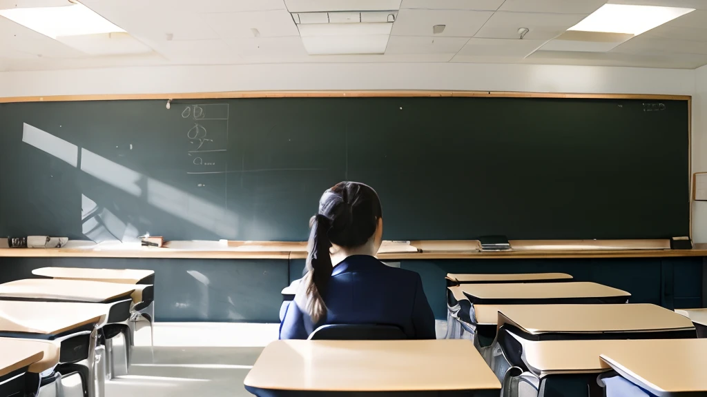 35mm film, wide shot, panoramic photo. Classroom at dusk, symmetrical composition,blackboard.1girl in school uniform with a low ponytail sitting on a seat looking to the side,
filmg,