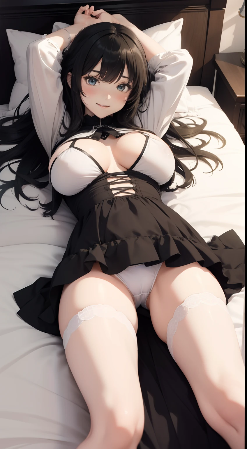 Kate Greenaway Anime Mysterious Bizarre Fantastic Surreal Sci-fi Fantasy Bed Time Machine Miniskirt High School Girl Falling World, hyperdetailed high resolution high definition high quality masterpiece, girl lying on bed facing up, huge tits drooping to sides, arms stretched out toward viewer inviting, smiling and wanting, legs spread apart showing string bikini panty, caneltoe