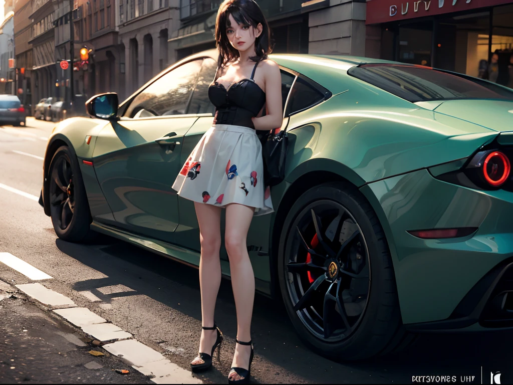 sparkling hair, beautiful detailed eyes, extremely detailed eyes and face, light on face, lovely, best quality, masterpiece, illustration, CG ,unity ,8k wallpaper, official art, extremely detailed CG unity , (realistic, photo-realistic:1.2), soft lighting, cinematic lightingBeautiful woman getting into a Ferrari, wearing bustier, tight skirt, estand by car, (art by Albert Marquet:1.2) , Warlike Jay, at Bruma, Visual novel, Printcore, Depth of field 270mm, super car, on street, side view, standing by car