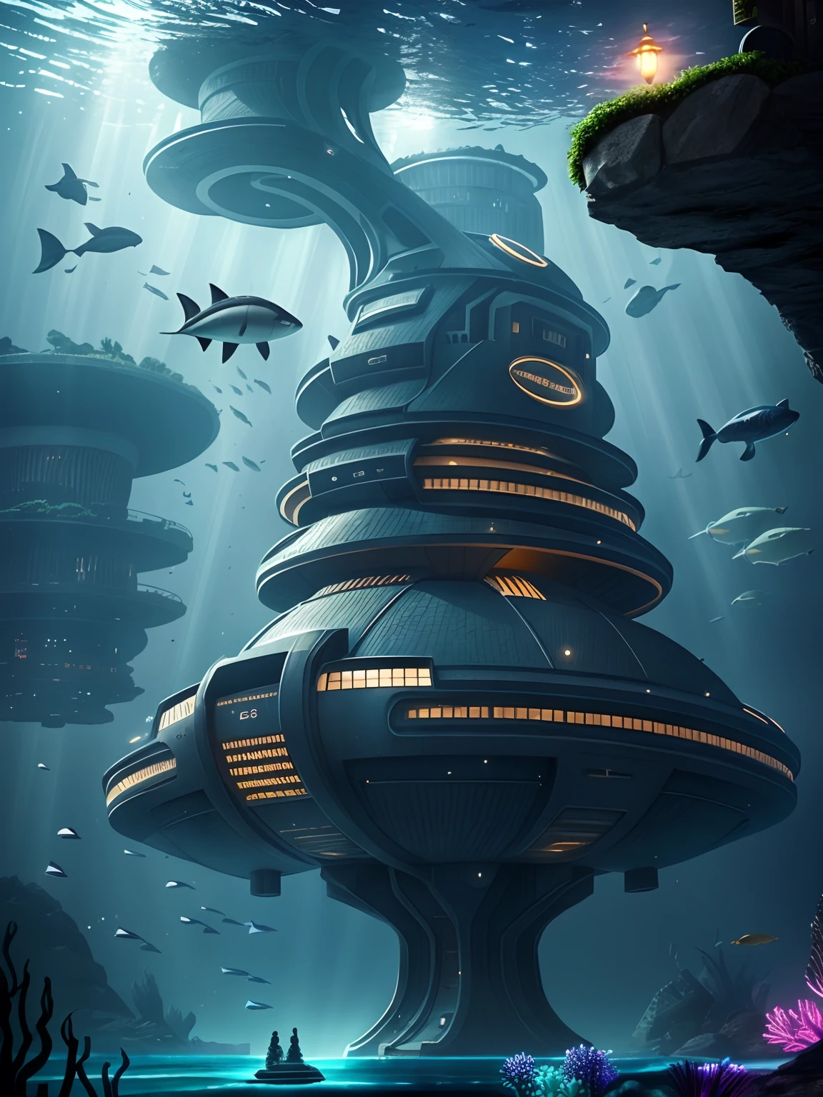 Futuristic city hidden under the sea, Undersea city, There are underwater boats passing through the city center,24th century,sci-fy,Futuristic,tmasterpiece,best qualtiy,high qulity,A high resolution,16k,primitive,超A high resolution,Hyper-detailing,finely detailled,Very fine and beautiful,The is very detailed,True shadows,