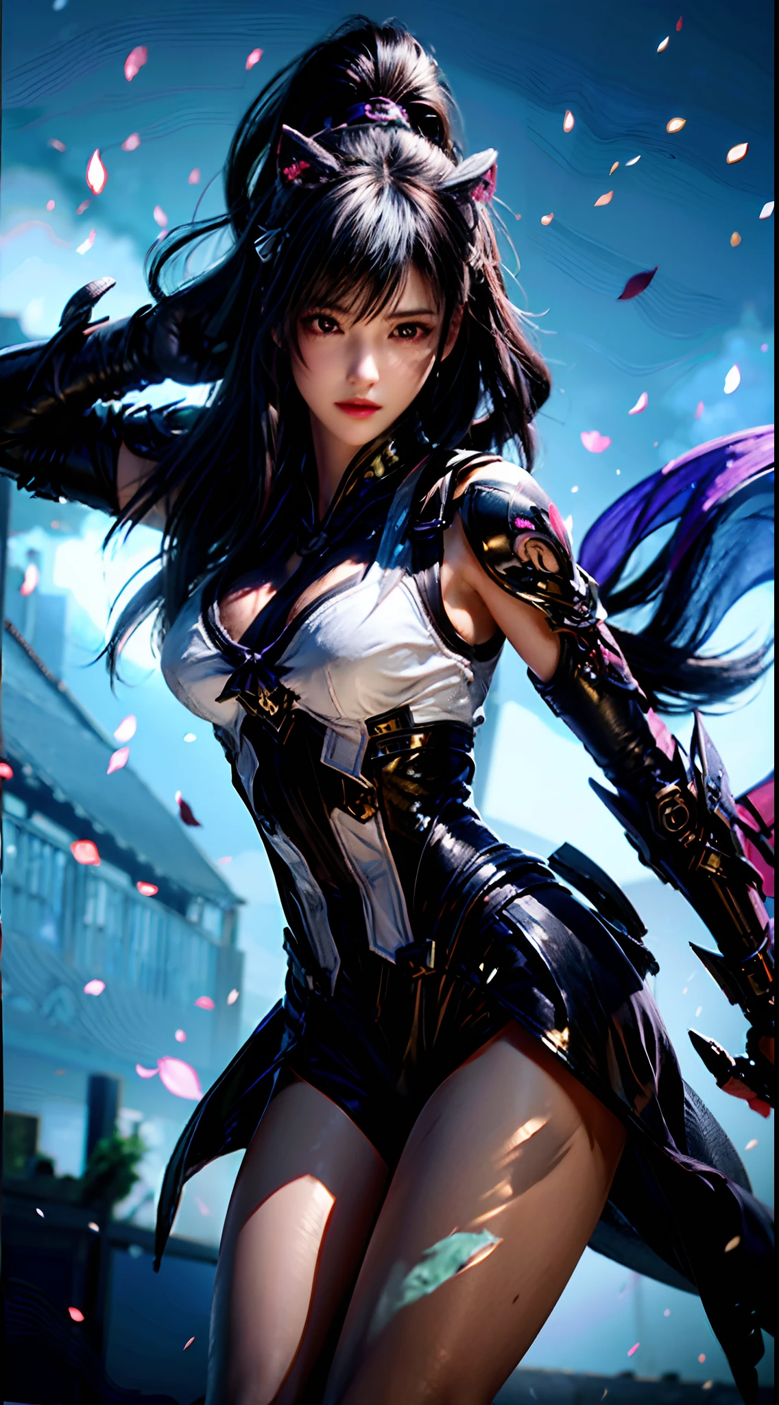 (Best quality,4K,8K,A high resolution,Masterpiece:1.2),Ultra-detailed,Sharp focus,Realistic,Photorealistic:1.37,Highly detailed eyes and face,beautiful detailed lips,mysterious,stealthy,Night scene,Dark shadows,dim murky lights,Dynamic pose,actionpacked,Fierce,merciless,Honed skills,A silhouette of a ninja,The sword slashed through the air,Precision strikes,jumping in mid-air,Smoke surrounded her,The bodies were attacked,Expressive eyes convey determination and focus,Purple flame in the background,creating an intense and dramatic atmosphere,Contrasting colors,Subtle moonlight shone in the woods,Adding a touch of mystery,purple color palette,Create a sense of intrigue and danger,Subtle shiny patterns on ninja clothes,Add a touch of elegance and sophistication