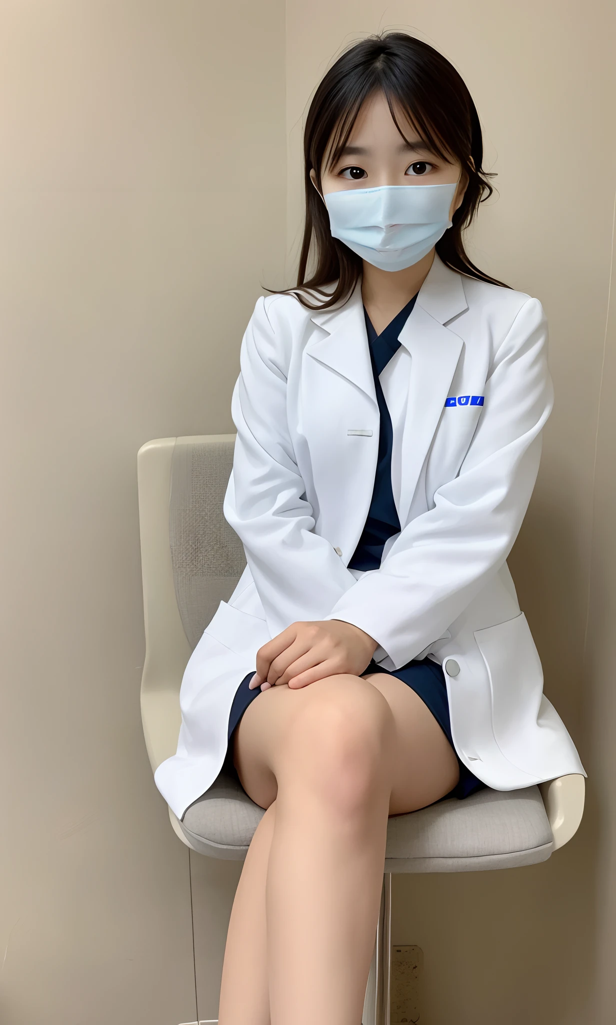 Photorealistic beautiful doctor、amazingly beautiful、doctor'Under her white coat she's wearing sexy blue underwear, collared shirt、(highest quality、8K、32k、masterpiece、nfsw:1.3)、ultra high resolution,(Photoreal:1.4),Raw photo, detailed face,,beautiful hair, ((doctor style)), , black tight skirt、 natural makeup,, big and full breasts、Inside the hospital, detailed background, perfect lighting, Depth of written boundary, beautiful shadow gradation,Stethoscope ,NSFW、Beautiful female doctor、Fall in love、Her underwear is visible、Sit in the examination chair、