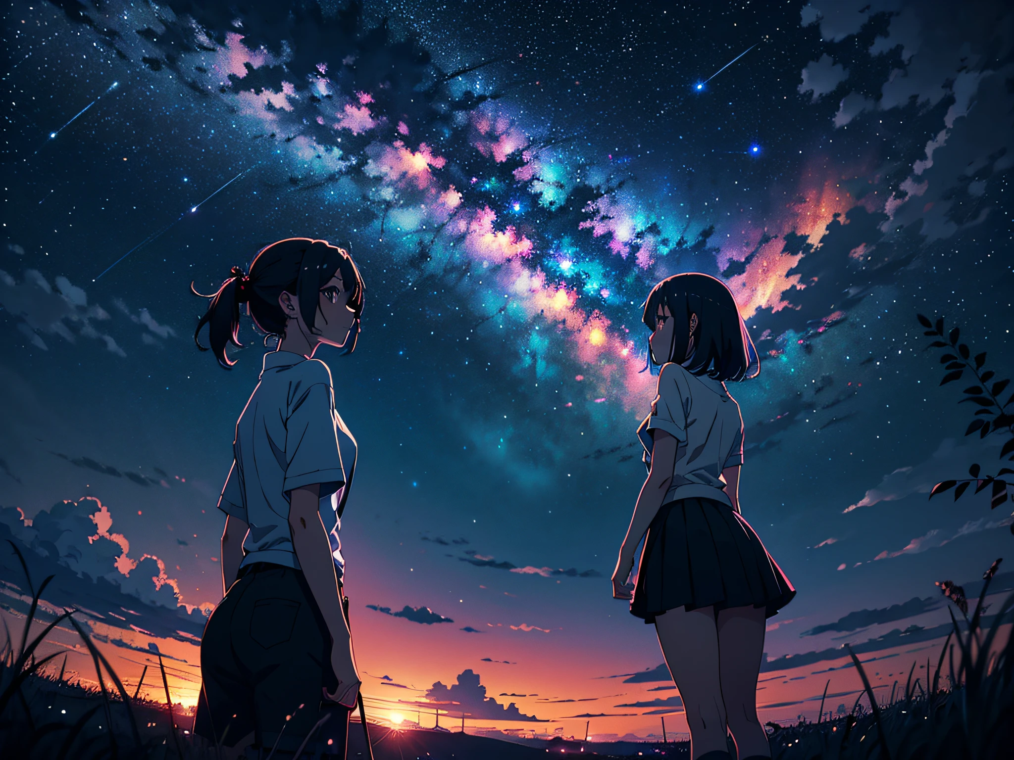 masutepiece, 4K, Anime girl looking at the sky, midnight sky, There are many stars in the sky, Beautiful sky, Beautiful Girl, Night, Beautiful world, Dark, view from front, nffsw, Hyper-Resolution, Perfect Lighting, colour grading