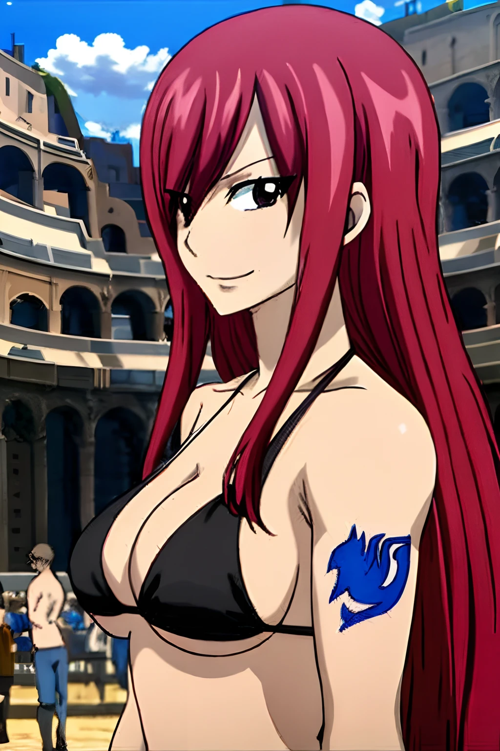 Scarlet erza, (tiny black bikini only), location: wresting colosseum with crowd watching, adult woman, big breasts, lying down, cowboy shot, best quality, ((right shoulder)), slightly strong arms, looking at viewer, important: shoulder tattoo only), big smile, perfect body, no injuries, knocked down, clean body, from left side, win pose