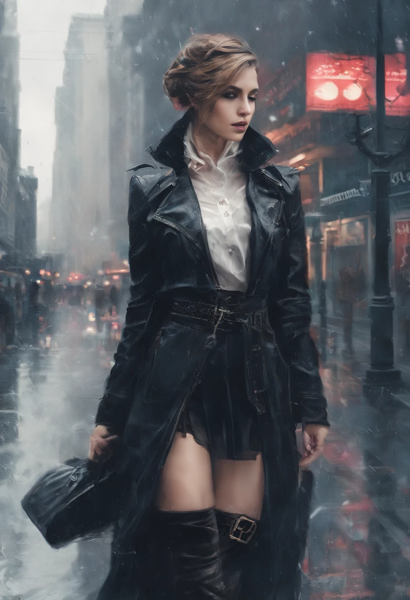Generate an image of a woman with her back turned, with her hair tightly tied up in a bun, wearing a black button-up shirt, a rock-style belt with buckles and chains, blue jeans, and knee-high boots that reach to her knees, while walking on the bustling city streets on a rainy day. Ensure that the boots are clearly visible in the image. The woman has a robust build. Use a full-frame Sony Alpha 7R IV camera with a Sony FE 35mm f/1.8 lens to capture the complete figure of the woman from behind. Set the aperture to f/2.0 to achieve selective focus and a blurry background that highlights the woman's figure, the shutter speed to 1/400 seconds for sharpness despite the movement, and ISO 400 to compensate for the reduced light due to the rain. Adjust the white balance to capture the atmosphere of a rainy day in the city.
