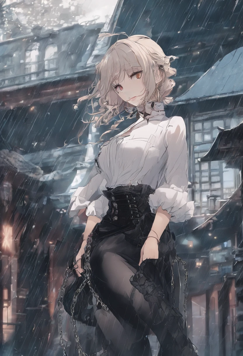 Generate an image of a woman with her back turned, with her hair tightly tied up in a bun, wearing a black button-up shirt, a rock-style belt with buckles and chains, blue jeans, and knee-high boots that reach to her knees, while walking on the bustling city streets on a rainy day. Ensure that the boots are clearly visible in the image. The woman has a robust build. Use a full-frame Sony Alpha 7R IV camera with a Sony FE 35mm f/1.8 lens to capture the complete figure of the woman from behind. Set the aperture to f/2.0 to achieve selective focus and a blurry background that highlights the woman's figure, the shutter speed to 1/400 seconds for sharpness despite the movement, and ISO 400 to compensate for the reduced light due to the rain. Adjust the white balance to capture the atmosphere of a rainy day in the city.