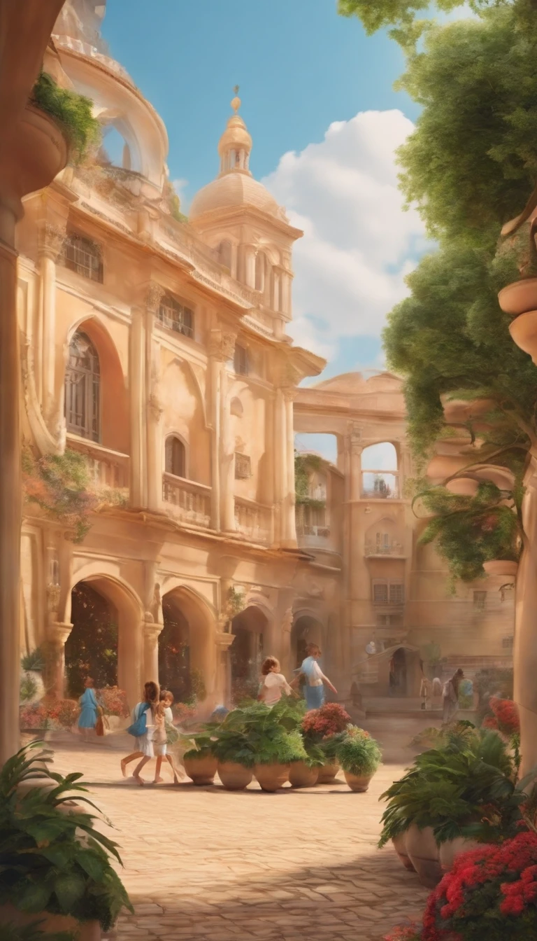 schools,pupils,Drones flying in the sky, Use VR、AR students cartoon characters cartoon characters,plethora of colors, Layered landscape, monumental murals, Ricoh FF-9D, Golden Age aesthetics,The picture is clean,Leave white space