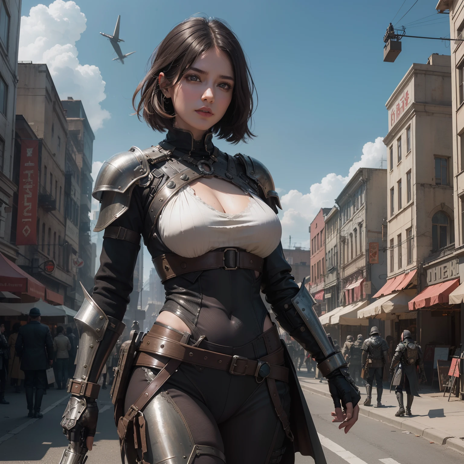 1girl, big breastes, ultra -detailed , Steel armor, Отмеченная наградами студия Photo Portrait Man, dieselpunk look, Futuristic metal armor, Отмеченная наградами студия Photo Portrait Man, dieselpunk look, Futuristic metal armor, (detailed texture: 1.4), (ultra -detailed: 1.2), Sharp focus, hard disk, HDR, 8K, Rendering, Rays of God, reflection, .Raw, RTX, The lighting is dramatic, filmstill, Steampunk City in the background
