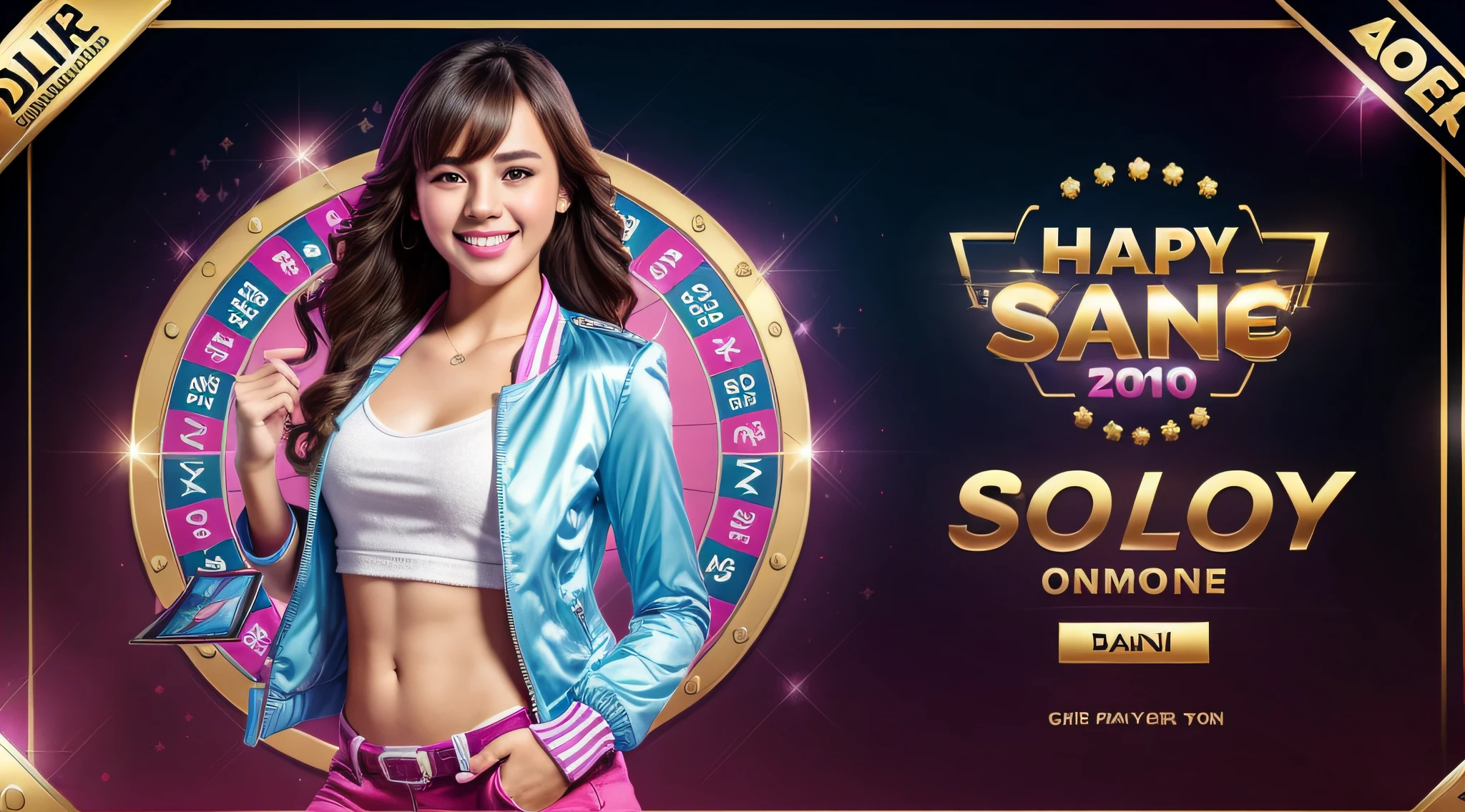 1girl, solo, jacket, banner template, rich, promotion banner, ads banner, blank space, gradient background, slot game ornament, theme, realistic, uhd, 4k, happy face, smile, laugh, cheerful, surprissed, happy pose, dynamic pose, minimalism, banner template, (1girl:1.5) casino game slot ornameng, blank space