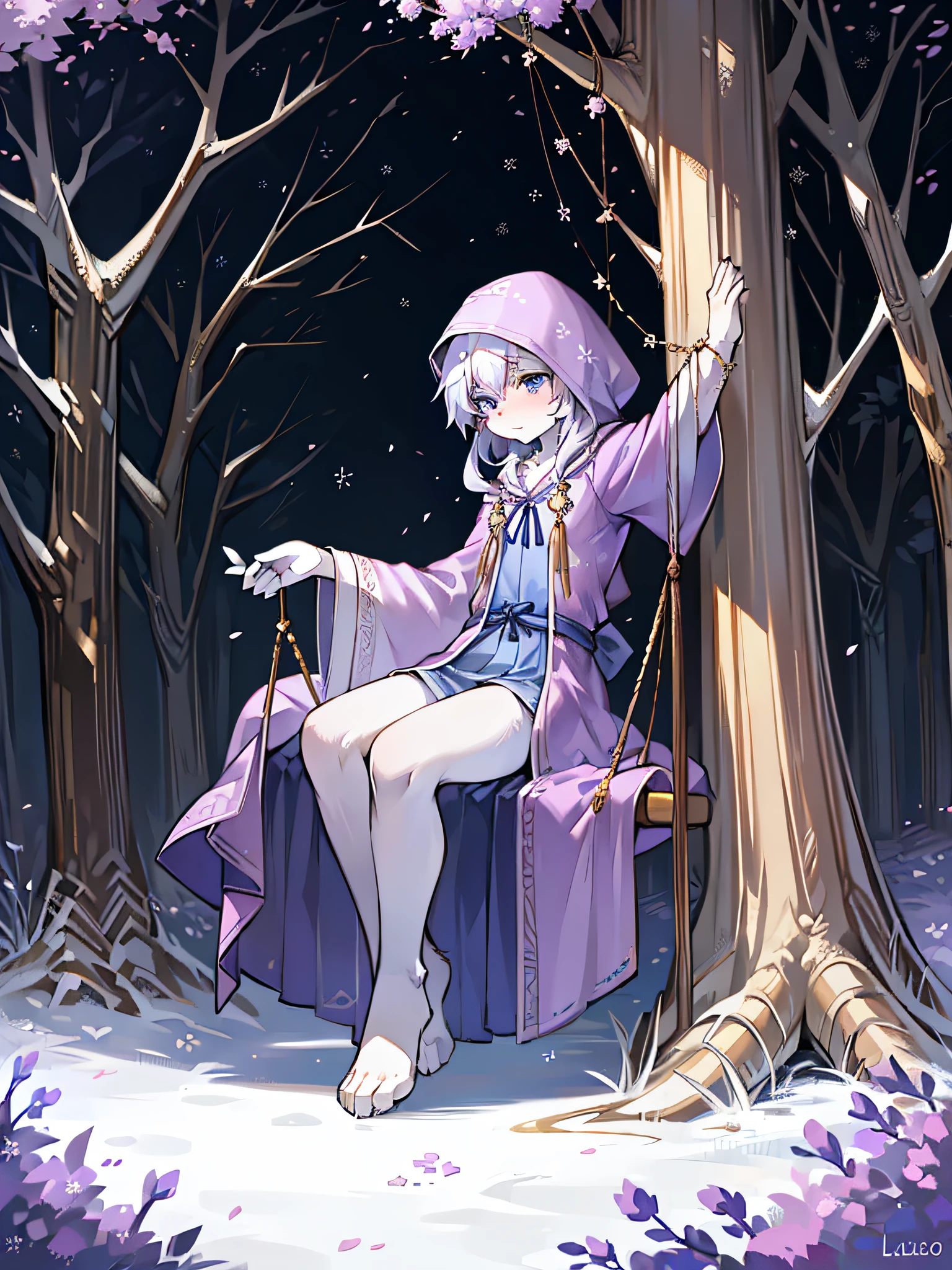A white fox,Stand next to the tree,Dancing snowflakes,Abandoned wells,sadness,flowing robe,Hooded robe,solo person,long whitr hair,Snowflakes in the sky,Lilac robe,hands out,Sit by the tree,falling flower petals,Petals that fall to the ground,low head,swing
