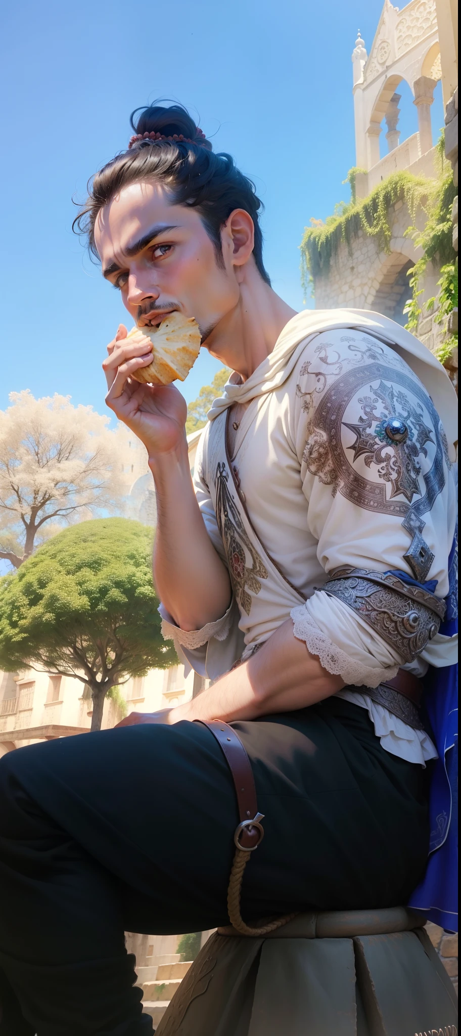 Mundo medieval, vestindo uma roupa de mago, comendo um inseto gigante magico, foto epica, maximo de detalhes, maior qualidade possivel