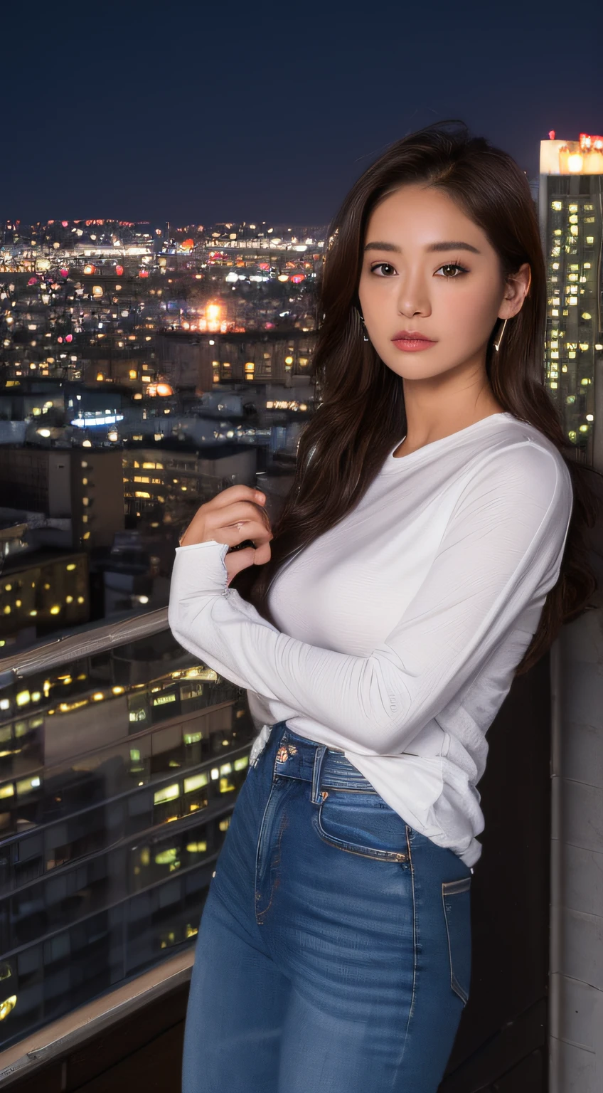 ((midynight、top-quality、8K、tmasterpiece:1.3)), full bodyesbian, long leges, foco nítido:1.2, A Beautiful Woman with Perfect Figure:1.4, Slender abs:1.1, ((dark brown hair、huge tit:1.2)), (white tight t-shirt、skintight jeans 、It's standing:1.2), ((night cityscape、on the rooftop:1.3)), Highly detailed facial and skin texture, A detailed eye, 二重まぶた