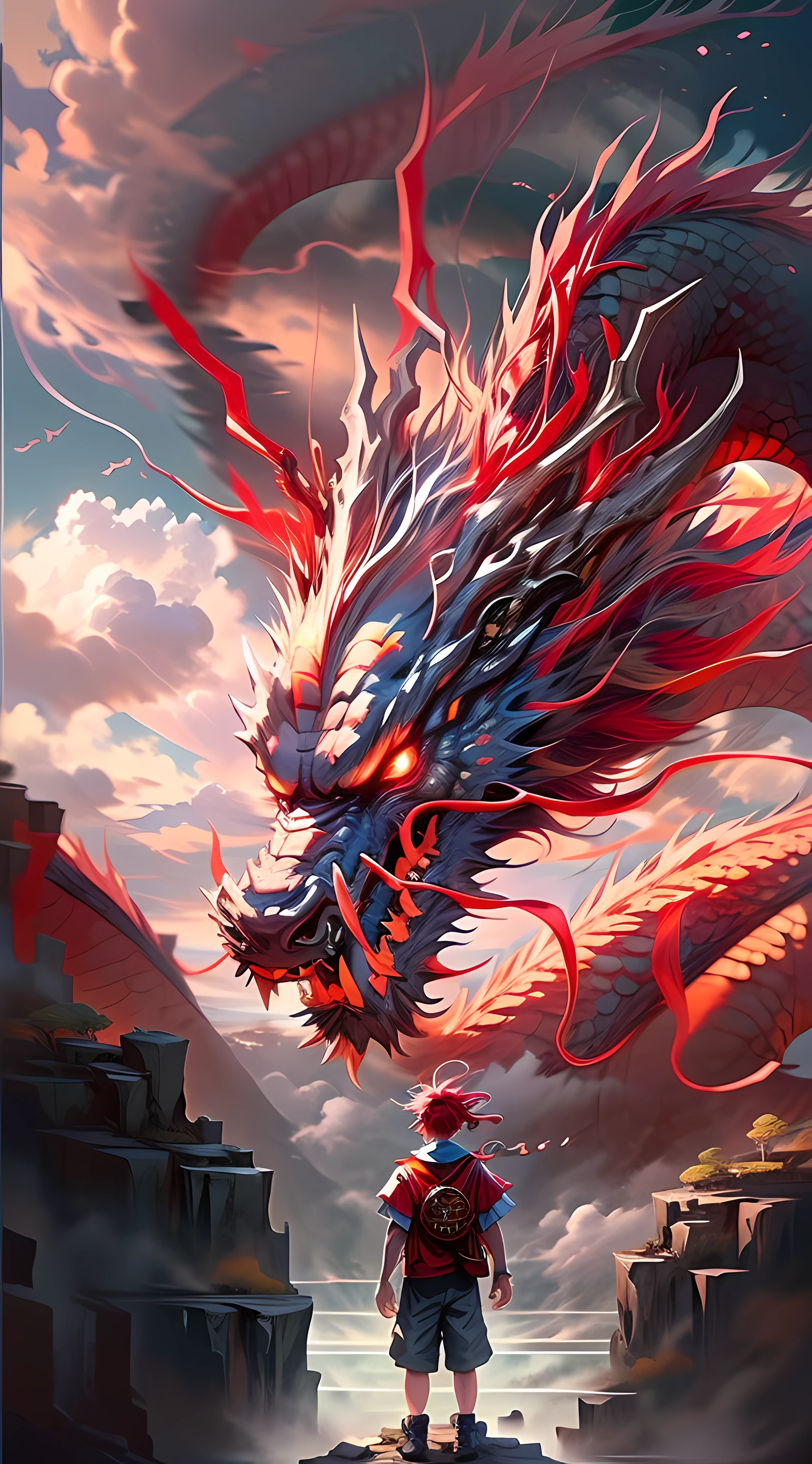The Chinese Red Dragon soared into the air, boy children manipulates dragons, The boy standing on the cliff, has his back to the camera，Sky clouds surround the surroundings，Light magic，Fantastic background，Meaning background，Ridiculous background，There are artistic overlays，multicolored hair, surrealism, Cinematic lighting, Ray tracing, god light, speed-line, angle of view, hyper HD, Masterpiece, Best quality, Super detail, A high resolution, High quality