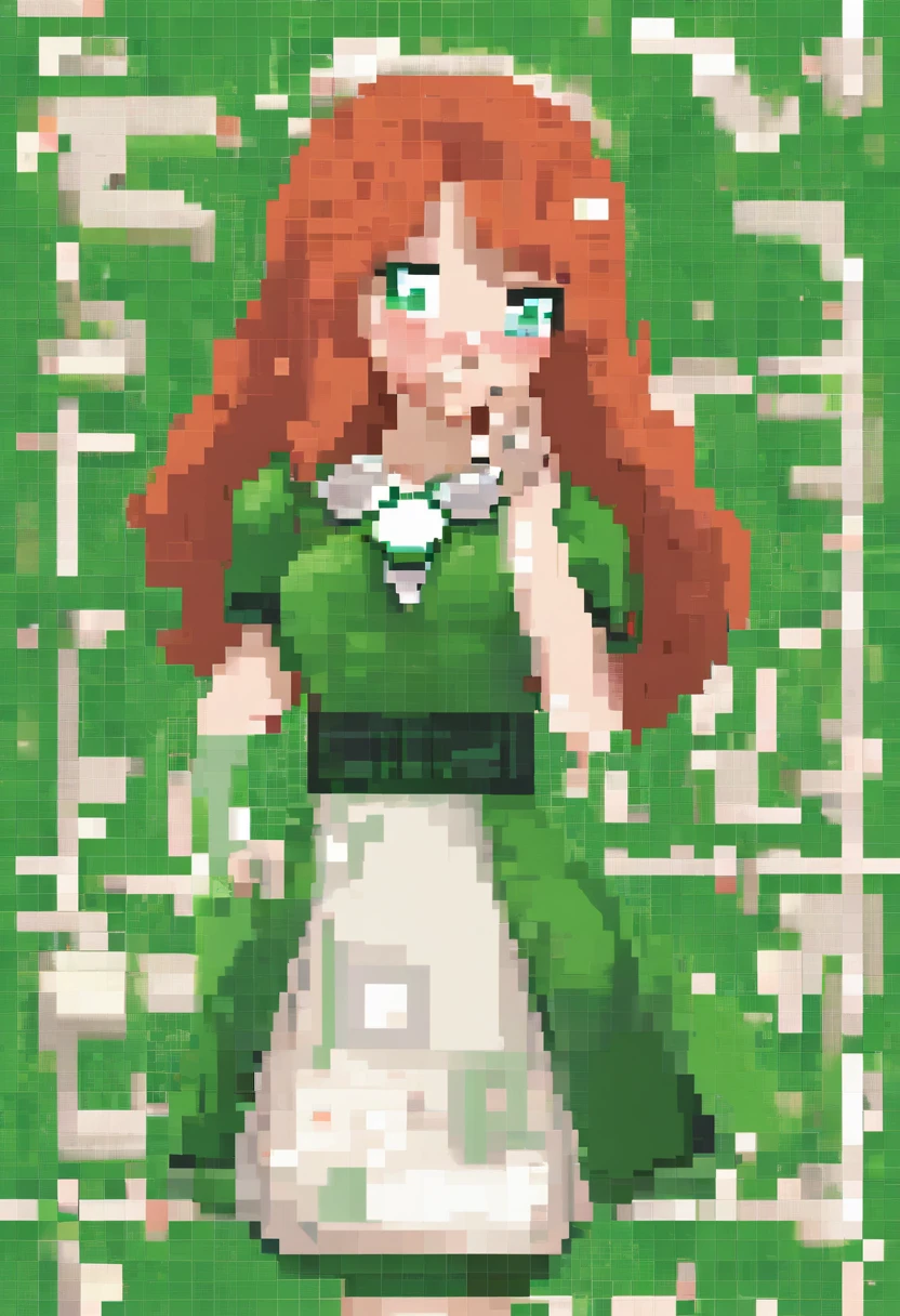 1girl, long curly redhair, white skin, green cute dress