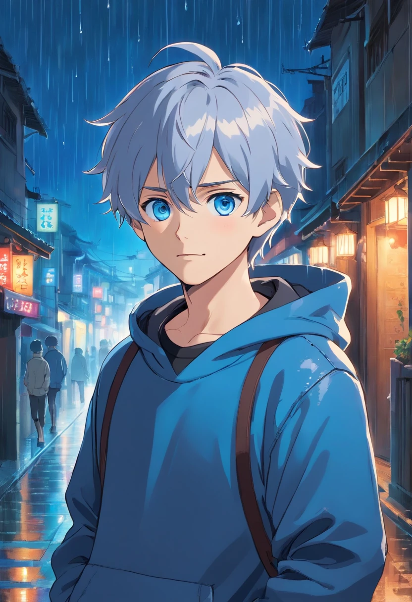 Young adult, japanase male, bright blue eyes, short straight silver hair, blue sweatshirt, black jeans, hands in pockets, warm smile, standing in heavy rain, night time,