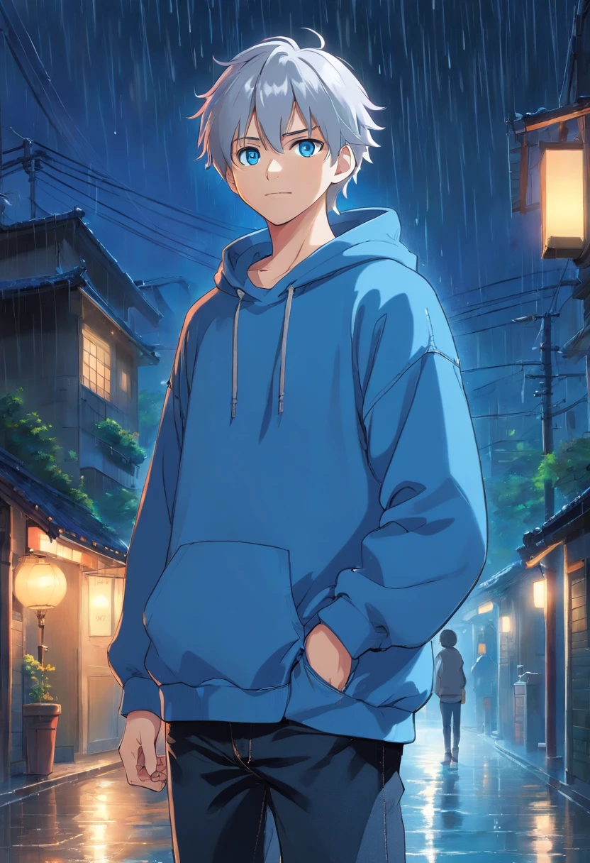 Young adult, japanase male, bright blue eyes, short straight silver hair, blue sweatshirt, black jeans, hands in pockets, warm smile, standing in heavy rain, night time,