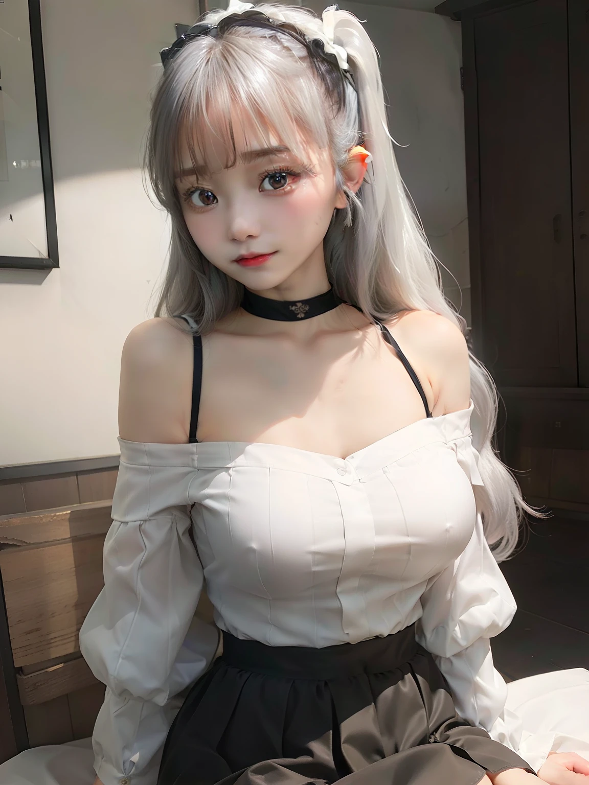 top-quality、超A high resolution、(Photorealsitic:1.4)、1人、Off-shoulder white shirt、Black tight skirt、Black Choker、(faded ash gray hair:1)、(huge-breasted:1.2)