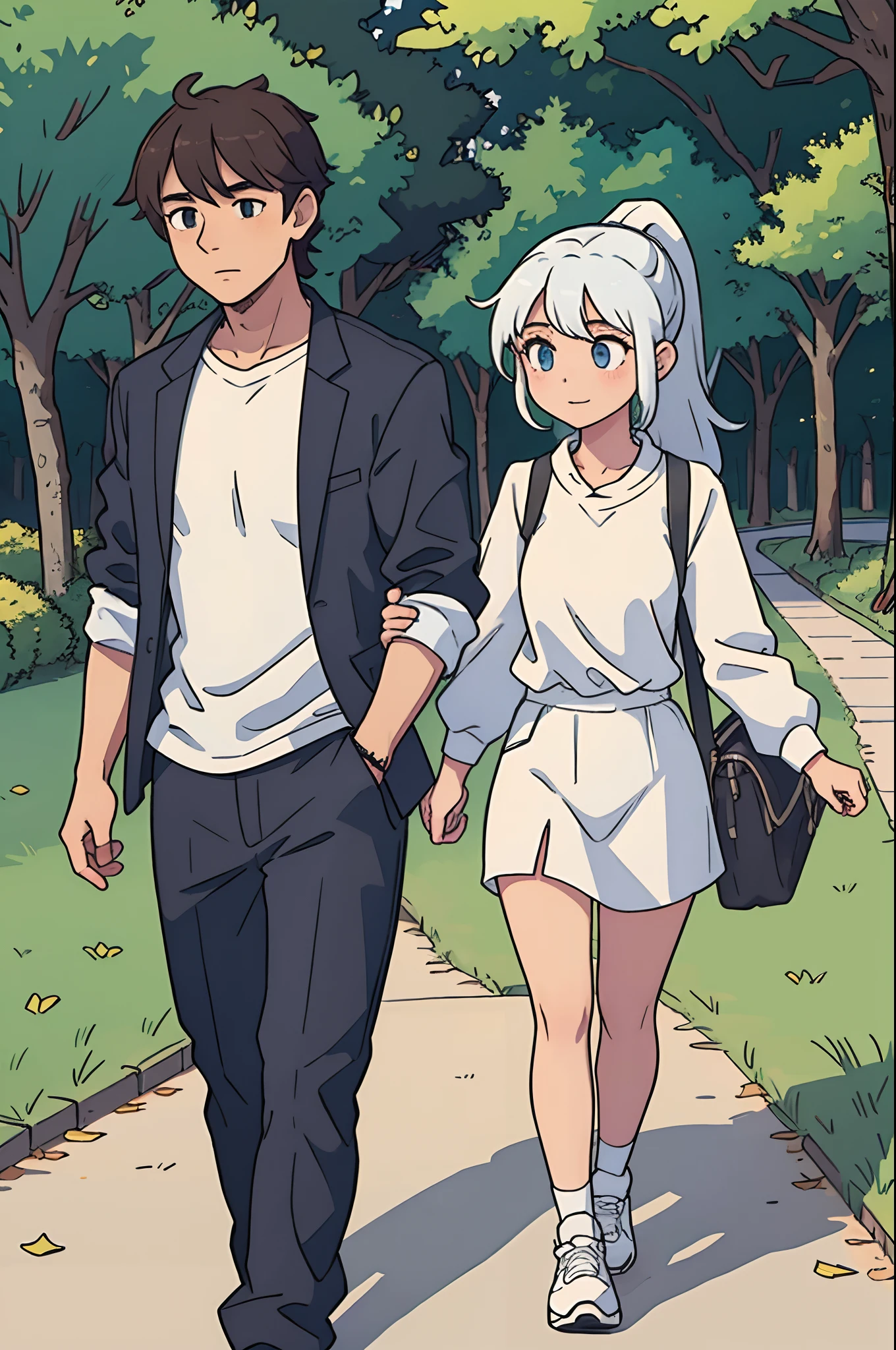 A guy and a girl are walking in the park, a white shirt, characters of the same height, a girl with a ponytail