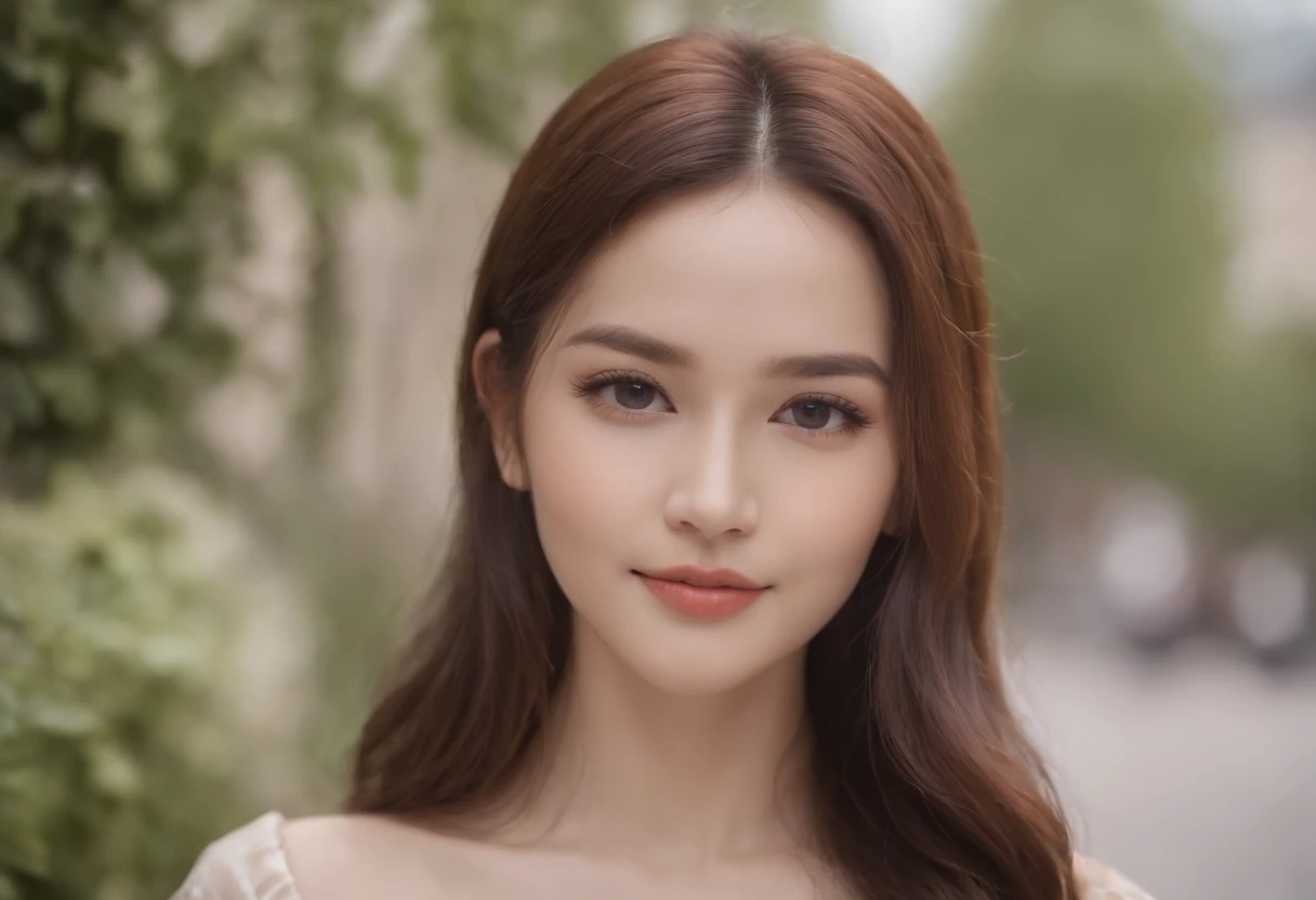 ((best qualtiy,8k,tmasterpiece:1.3)), 1girll, ssmile, full bodyesbian, Slim Faces, Beautiful woman, (dark brown hair), full length dress :1.1, Super detailed face, Detailed eyes, 二重まぶた, blur backgroun, Slim Faces, 城市, do lado de fora, the street,Large