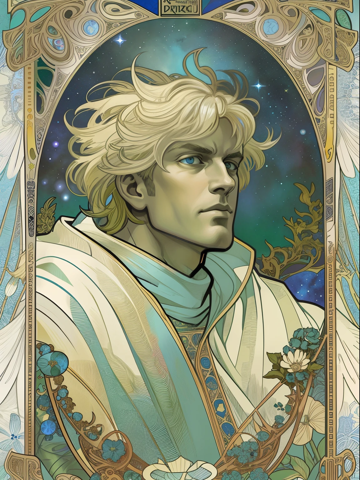 (flat color:1.1),(color:1.3),(master piece:1.2), best quality, master piece, Original, 1 very detailed wallpaper A white man, with short blond hair, Clear and cold eyes, Body robust and muscular,Full body like,Blue starry sky,Tarot card layout,best quality,masterpiece,(realistic:0.6),realistic lighting,flower frame,decorative panels,Artistic abstract,Alphonse Mucha(tmasterpiece,best quality ,A high resolution:1.4),A detailed,Complicated details,4k,Blue,Line art,Fibonacci