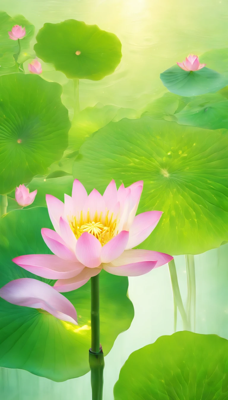 lotus flower, Green stem, Silt comes out of the water, gold light, The light of the Buddha shines, UHD, retina, masterpiece, ccurate, super detail, high details, high quality, highres, 16k