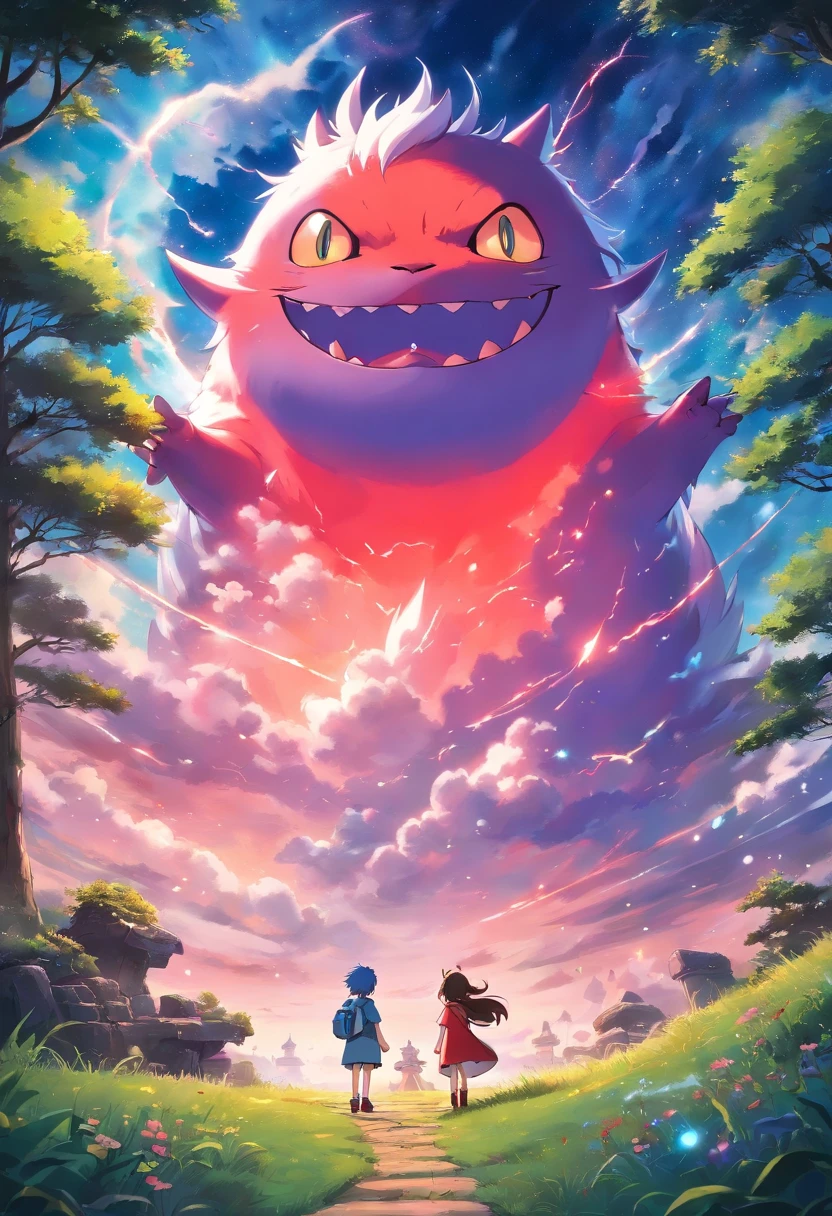 Gengar bonito，Lively and agile，Pelos macios vermelhos，blush vermelho，olhos grandes cintilantes，Orelhas pontudas fofas，Lightning background，surreal、Sobrenatural、Super sky scene illustration，Rendered beautifully down to the smallest detail, Veja as bolhas soprando suavemente no ar，Dream Creation, magical effect. The overall atmosphere is mild, Full of hope and tranquility, Pokémon，anime epic artwork，Anime Art Wallpaper 4K, Anime Art Wallpaper 4K, Papel de parede anime 4k, Anime Wallpaper 4k, 4k anime wallpapers, arte oficial altamente detalhada，olhos claros brilhantes,melhor qualidade, master part, Super Detalhe，aprimoramento de detalhes