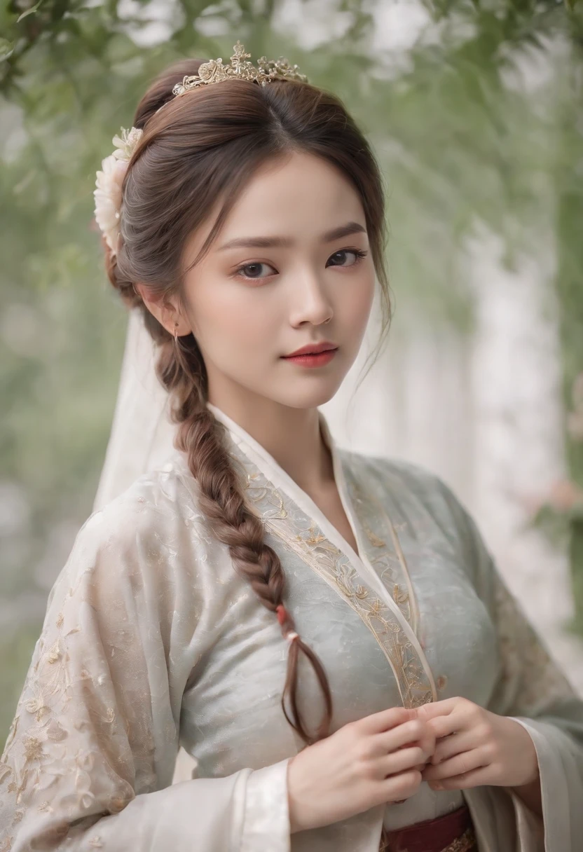 Full body portrait,In this masterpiece, A resplendent girl with cascading locks has an ethereal and beautiful face and a figure decorated with graceful curves, Put on a delicate Hanfu ensemble,(....................................). Capture intricate details, Showcase the highest quality and rendering, Similar to the work of real masters. Each stroke conveys a sense of realism and depth, making the artwork come alive. High-resolution compositions allow to appreciate every subtle element, From the intricate patterns of her outfits to the delicate strands of her hair.