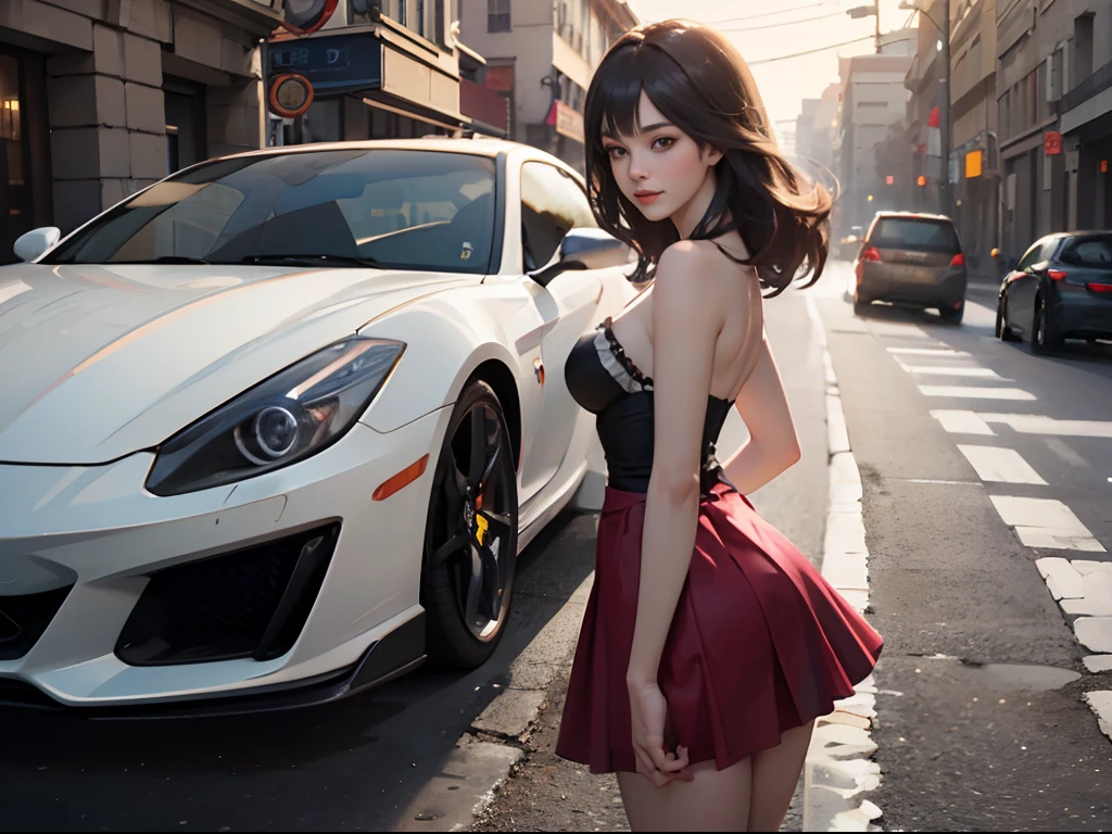 masterpiece, illustration, 1girl, 10yo, sparkling hair, beautiful detailed eyes, extremely detailed eyes and face, light on face, lovely, best quality, CG ,unity ,8k wallpaper, official art, extremely detailed CG unity , (realistic, photo-realistic:1.2), soft lighting, cinematic lightingBeautiful woman getting into a Ferrari, wearing bustier, tight skirt, estand by car, (art by Albert Marquet:1.2) , Warlike Jay, at Bruma, Visual novel, Printcore, Depth of field 270mm, super car, on street, side view, standing by car