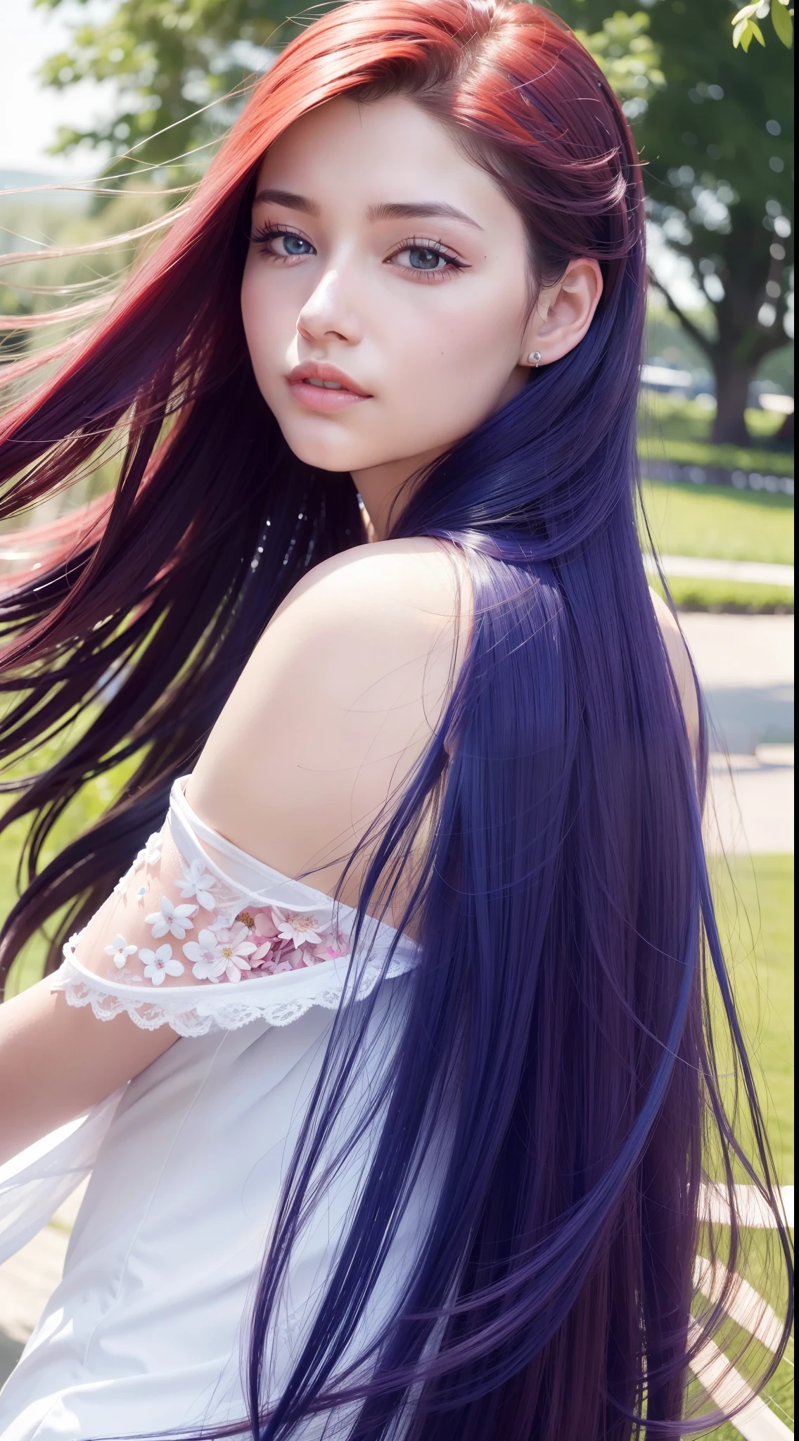 best quality, highres, ultra-detailed, realistic, beautiful red to blue gradient wavy long hair blowing in the gentle breeze on a woman's serene face, long flowing hair being lifted, vibrant flowers in the background of a park, close-up shot